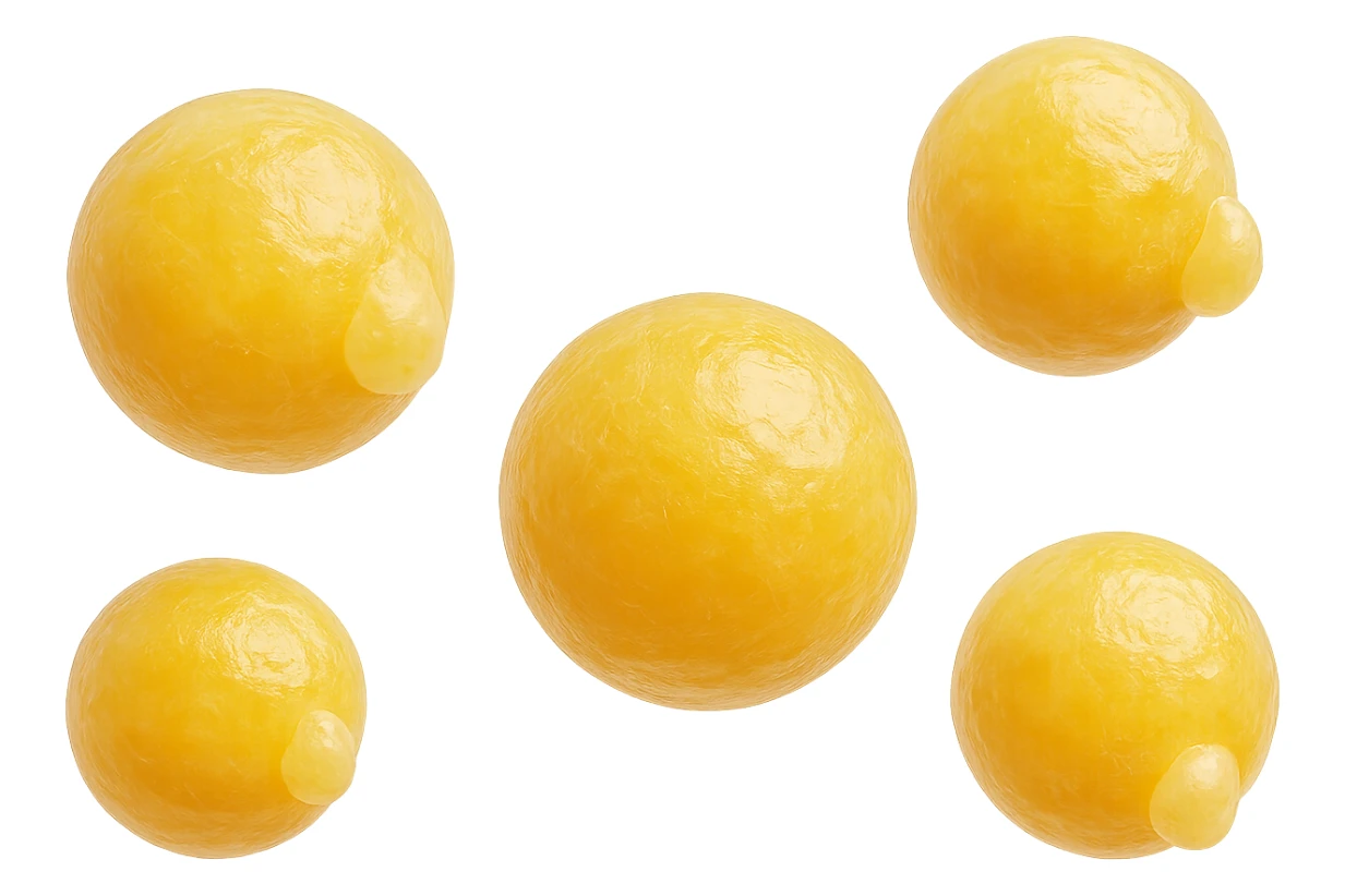 CINQUE CELLULE DI GRASSO GIALLE ANATOMICHE REALISTICHE FLUTTUANO IN ARIA, iperrealistico 4k, ISOLATA SU SFONDO BIANCO sticker