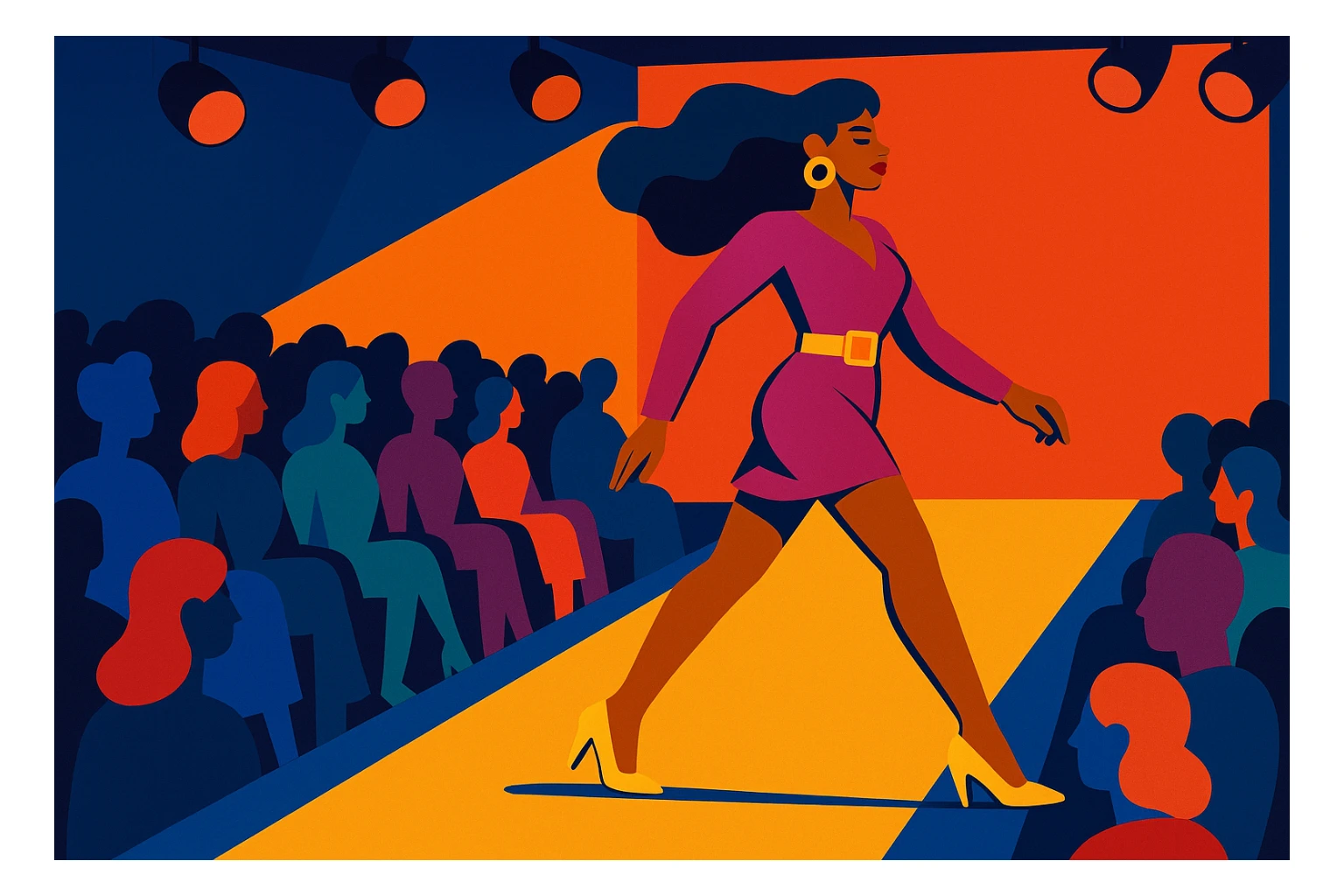 animated woman walking on a runway, horizontal composition, vibrant colors, dynamic pose, fashion show atmosphere sticker