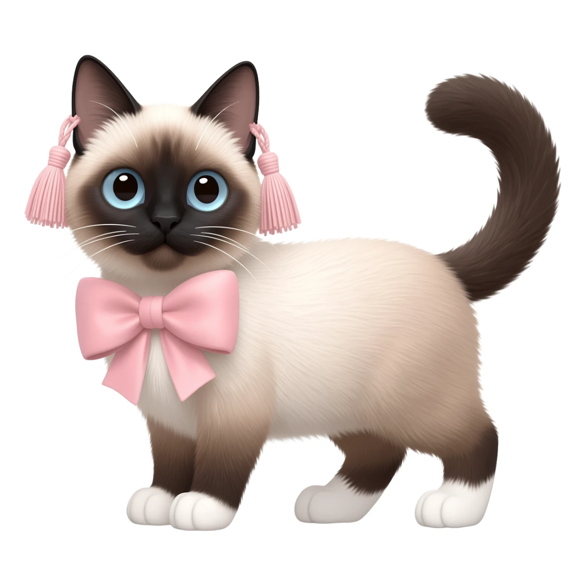 A fluffy Siamese cat with tassels on its ears and white paws, with a light pink bow. sticker