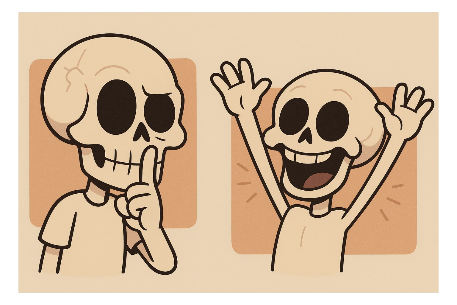 cartoon style skull character with shushing gesture and calma celebration pose sticker