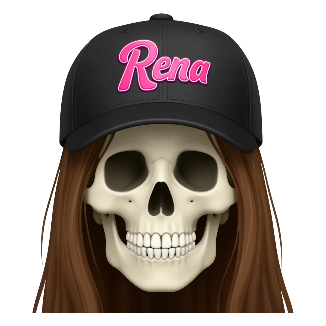 Create a skeleton head wearing a black baseball cap that says "Rena" in pink lettering, with long brown hair sticker