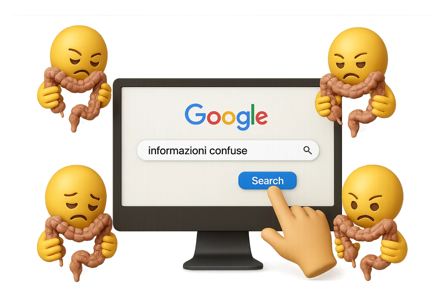 SCHERMO DI PC CON LA SCRITTA "informazioni confuse" SULLA BARRA DI RICERCA GOOGLE SULLO SCHERMO E IL CLICK DEL MOUSE SULLA SCRITTA CERCA, stile emoji iphone fluttuano in aria stringendo in mano un pezzo di colon intestinale, iperrealistico 4k sticker