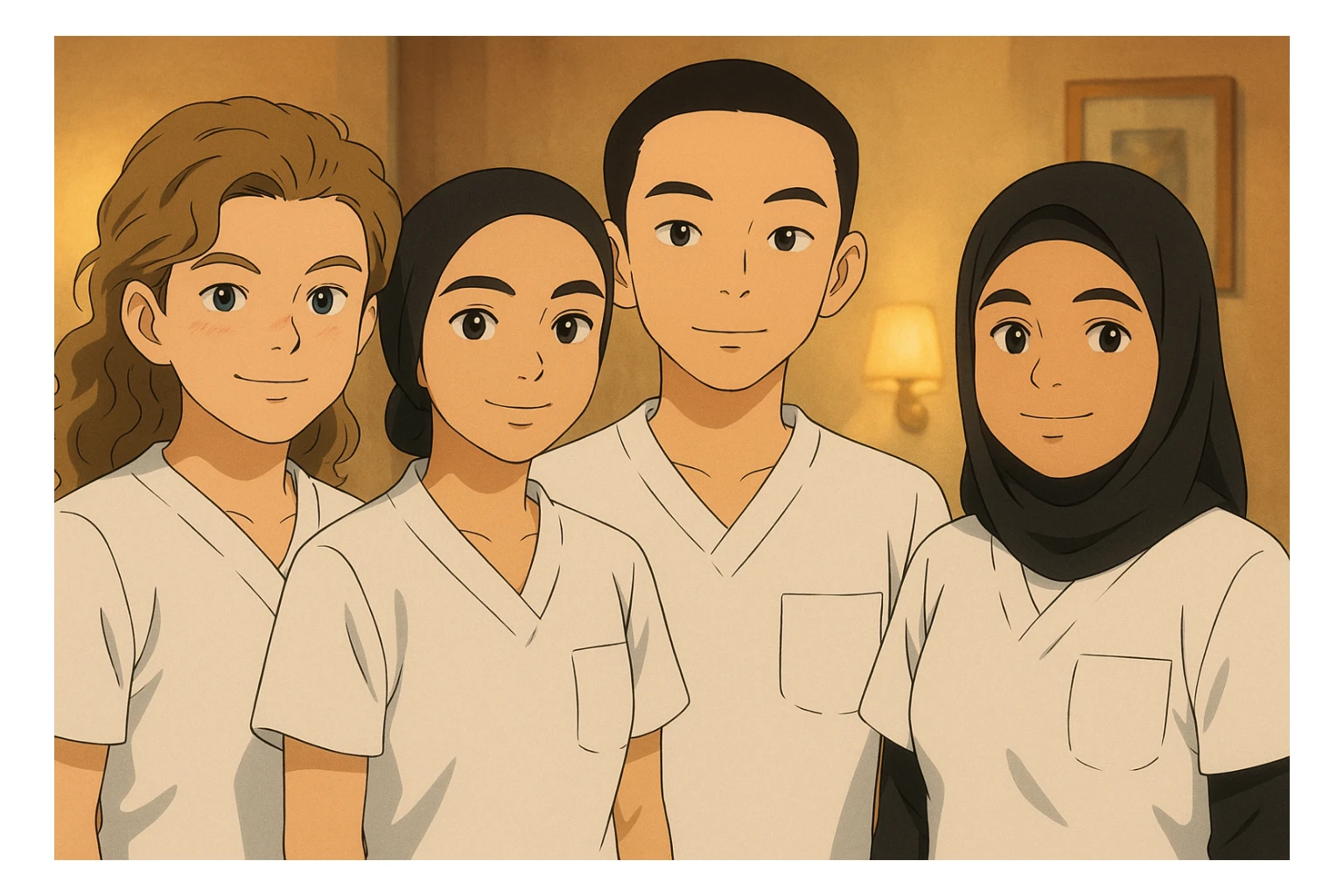 Four nursing students side by side in a warm indoor ambiance, wearing white short-sleeve uniform tops resembling medical tunics with V-neck collars and left chest pockets, no stand-up collars, no hijabs or undergarments beneath the tunics, no stethoscopes. Each student has the face from the provided portraits, styled in Ghibli style, group composition, variation 4. sticker