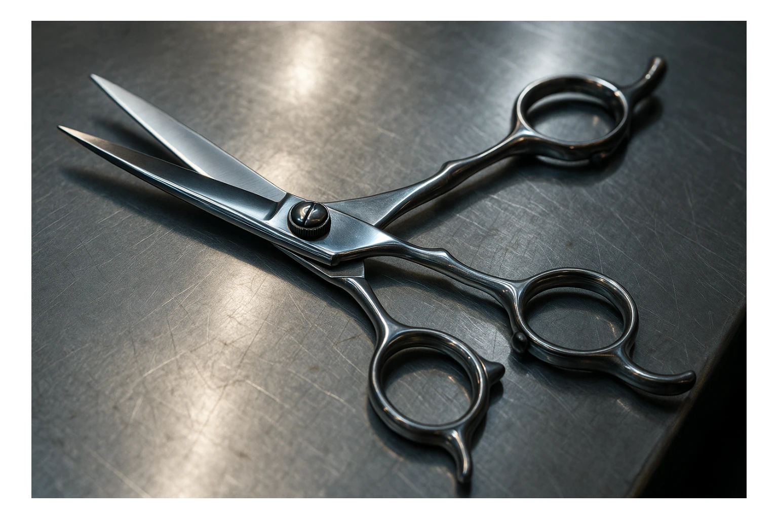 A set of professional barber scissors lies on a stainless steel workbench, gleaming under the bright lights. The blades are sharp and precise, with smooth handles showing signs of frequent use, ready for the next cut sticker