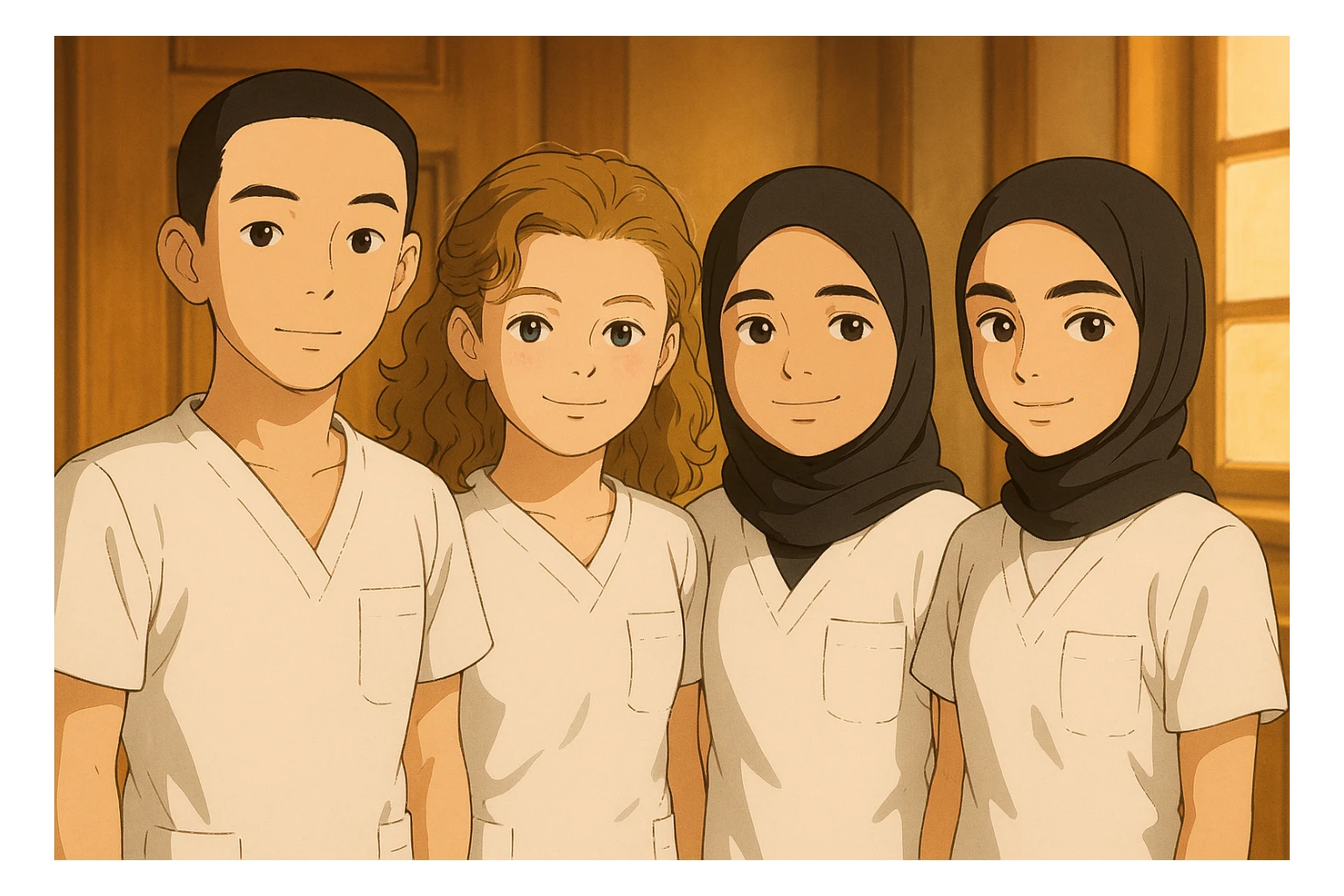 Four nursing students standing side by side in a warm indoor setting, wearing white sleeveless medical tunics with V-neck collars and left chest pockets. No collar stand, no undershirt, bare forearms, and no stethoscopes. Ghibli style, warm ambiance indoors. sticker