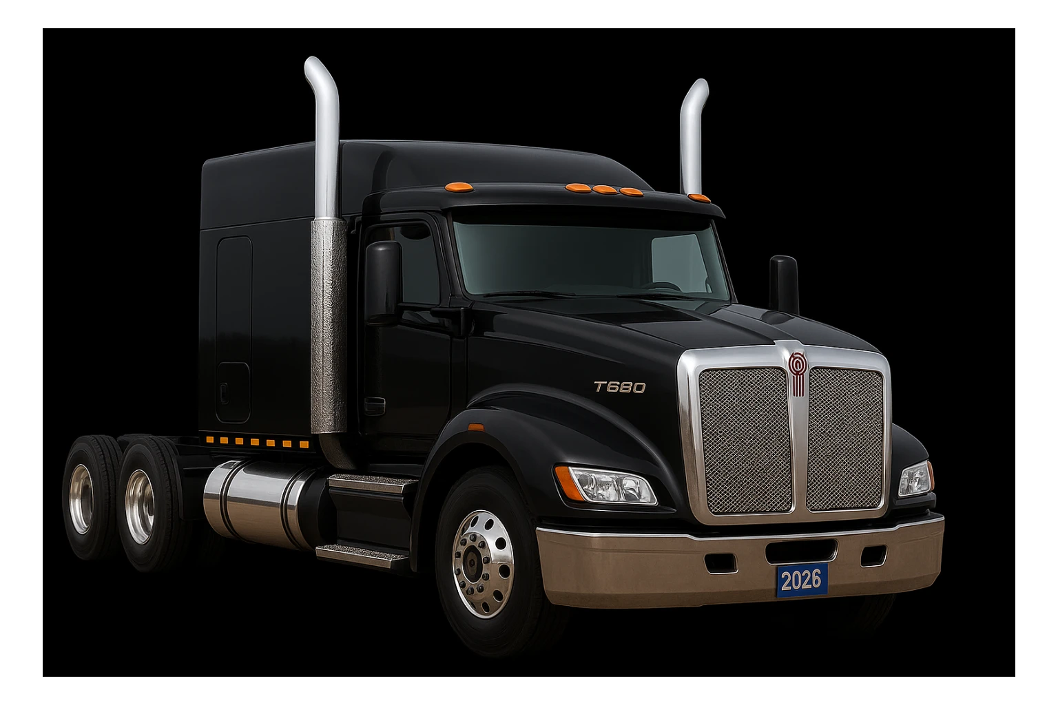 Make this 2026 Kenworth T680 Flat Top semi sleeper look as realistic as possible, with lifelike lighting, reflections, and surface details, flat top sleeper cab prominent, no background. Emphasize true-to-life chrome reflections, accurate lighting, and detailed surface textures to highlight the flat top sleeper cab. No background. sticker