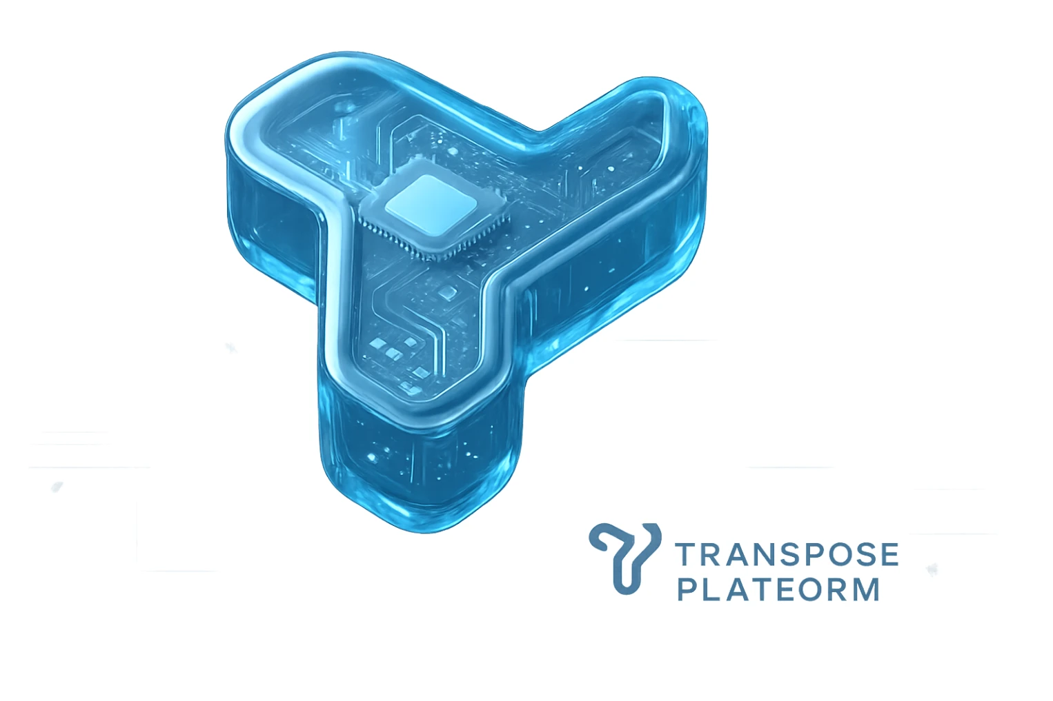 Add the Transpose Platform logo and text as a subtle watermark in the corner of the blue, circuit-patterned 3.5:1 background. The watermark should be low opacity and not distract from the overall futuristic, high-tech design. sticker