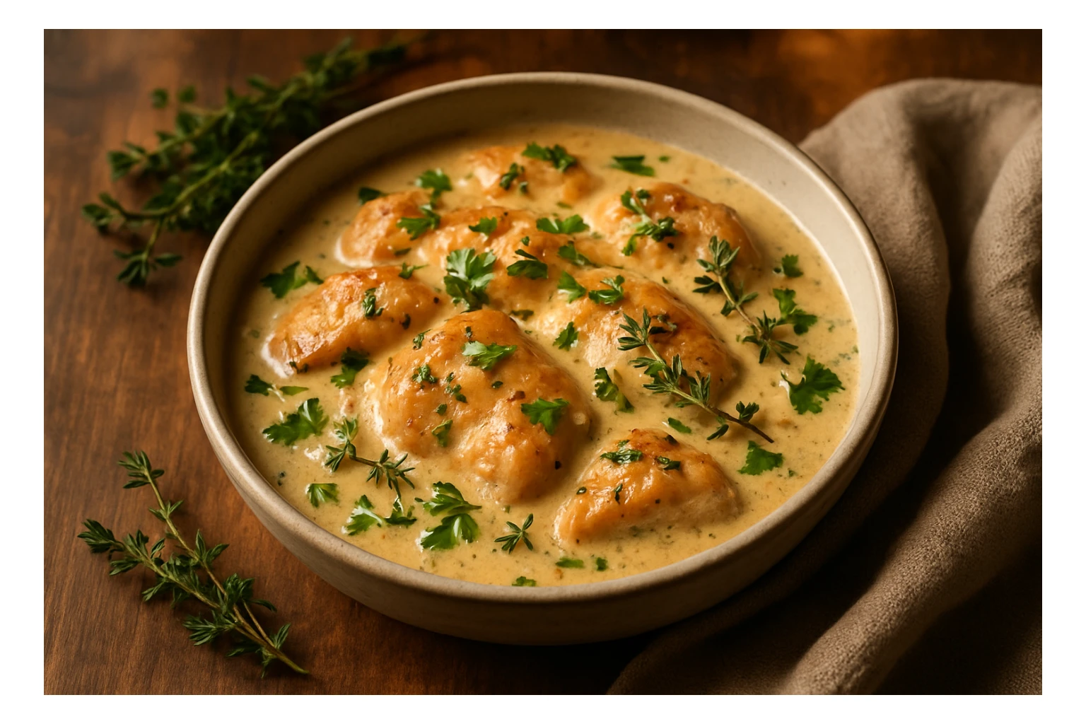 creamy chicken, served in a bowl, garnished with herbs, cozy feel, no text sticker