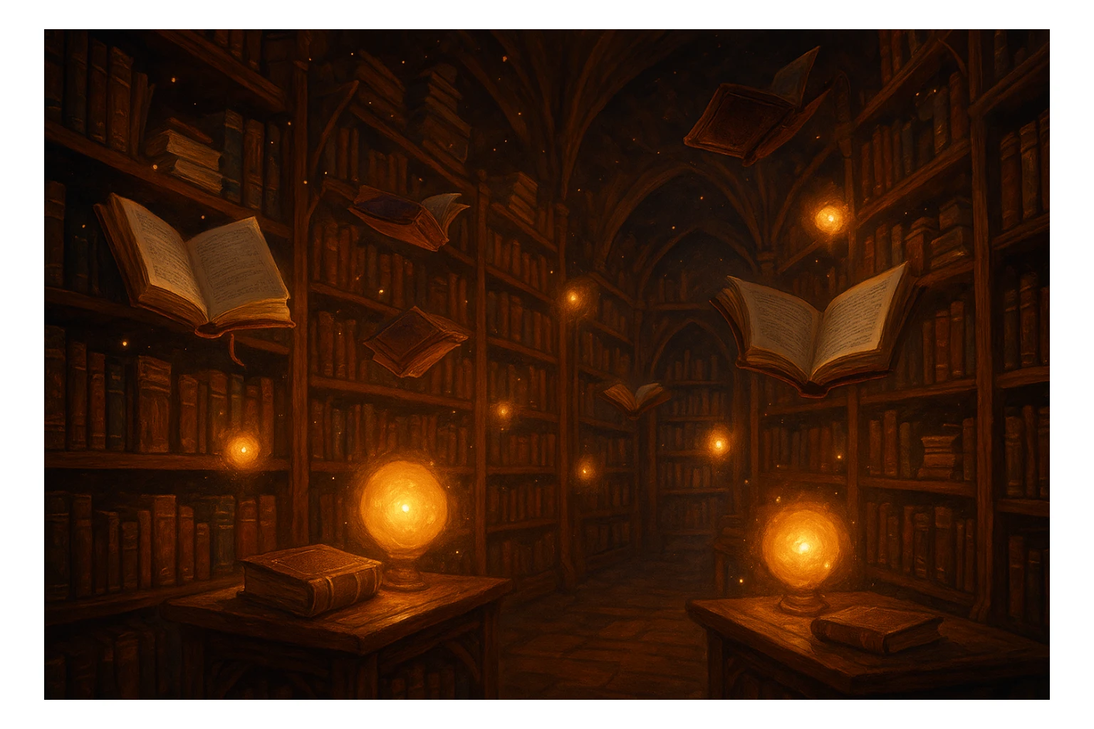 a magical library, floating books, glowing lights, whimsical atmosphere sticker