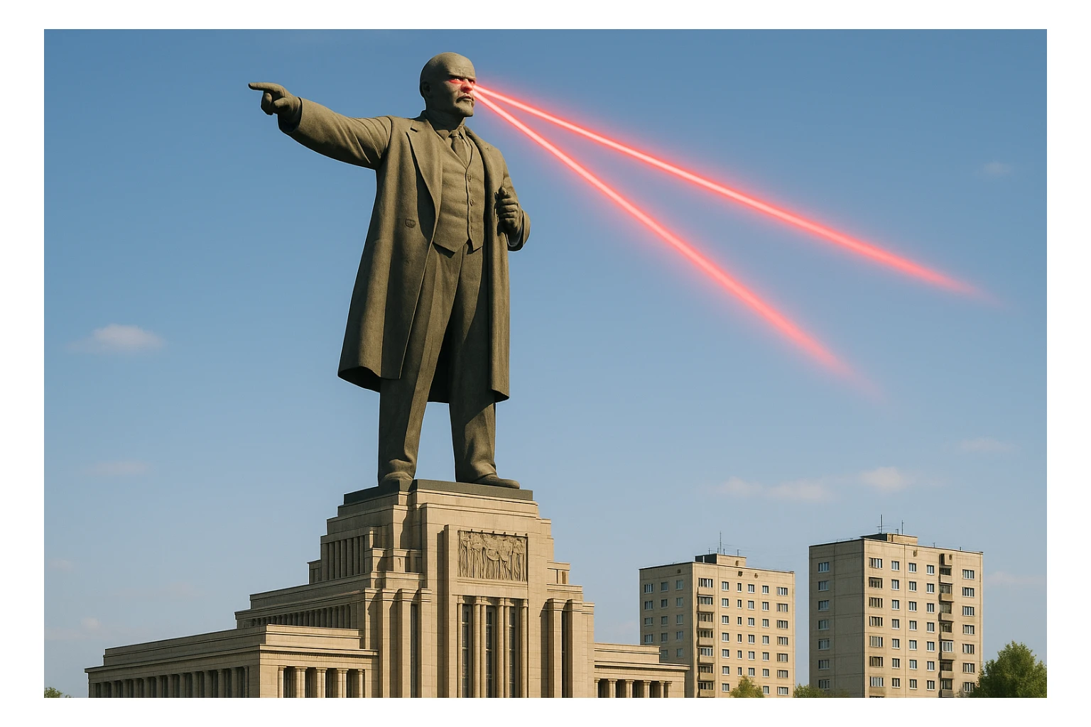 Дворец Советов, основной упор на 100-метровую фигуру Ленина, у которой из глаз вылетают 2 луча прожектора красного цвета.

На фоне можно поставить обычные пятиэтажки-панельки, которые в 20 раз меньше Дворца Советов

Стиль фото реализм, обычный солнечный день  sticker