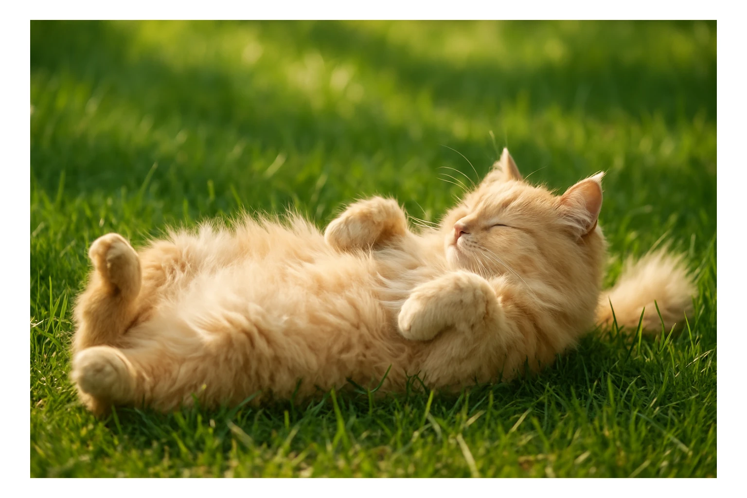 cute fluffy cat lying on its back in grass, side view, summer day, relaxed sticker