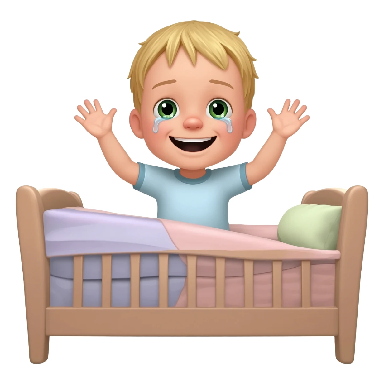 3 year old blonde boy with green-blueish eyes waking up from bed, raising both arms up. No tears. No scared face, he looks sad! Make the boy smile sticker