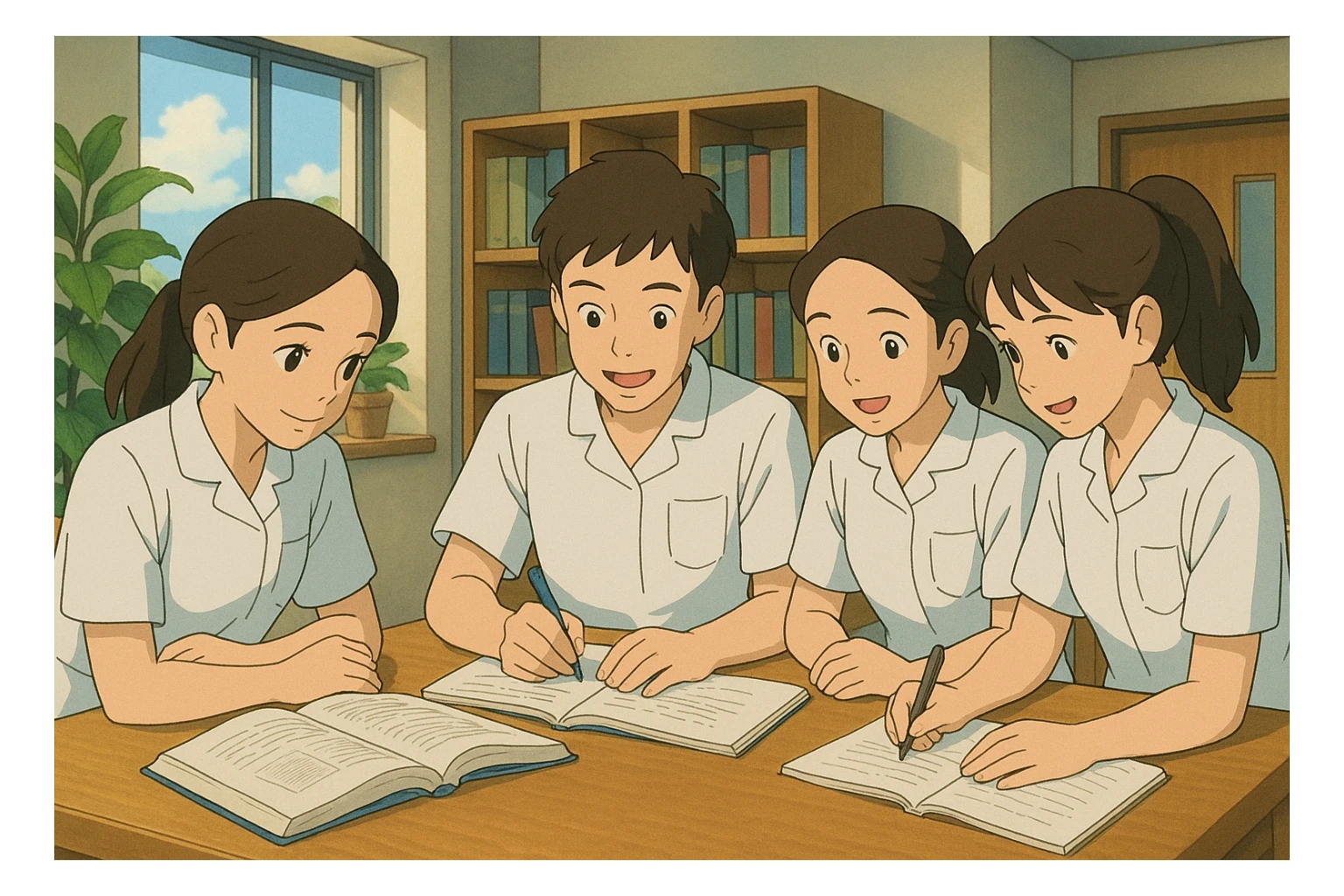 Groupe de quatre étudiants infirmiers, style Ghibli, en train de collaborer à l'intérieur, uniformes blancs à manches courtes, tuniques médicales col en V, poche poitrine à gauche, sans pied de col ni stéthoscopes, avant-bras nus, cheveux longs attachés. Décor intérieur moderne, ambiance positive. sticker