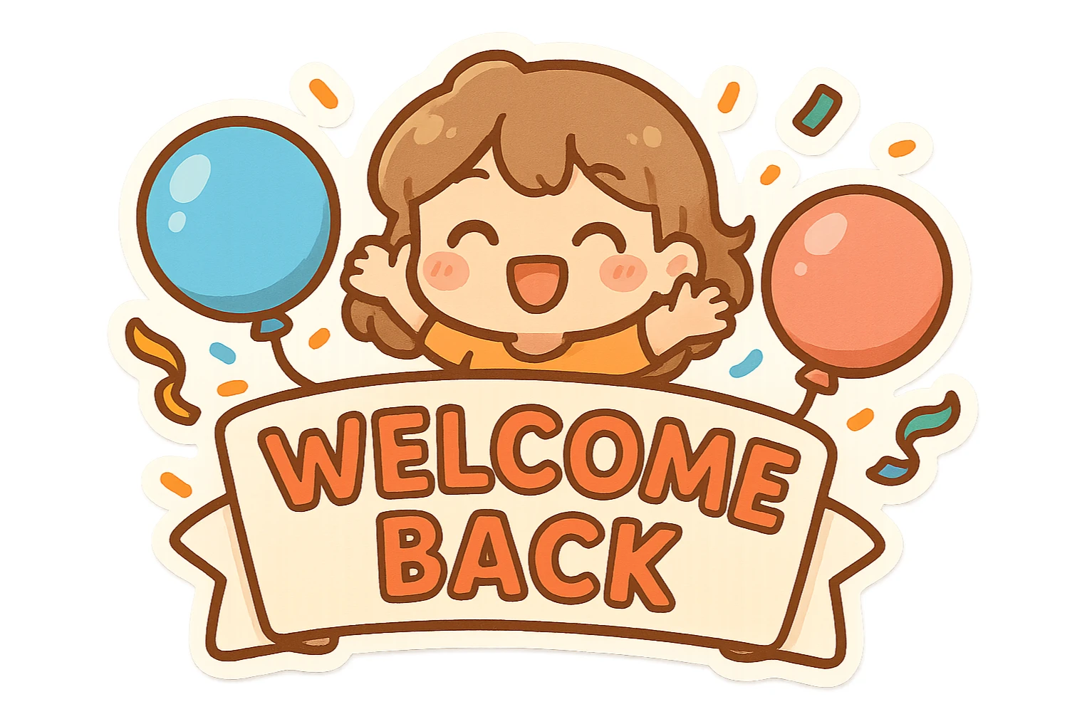 cheerful 'Welcome Back' sign with colorful confetti and balloons, playful style sticker