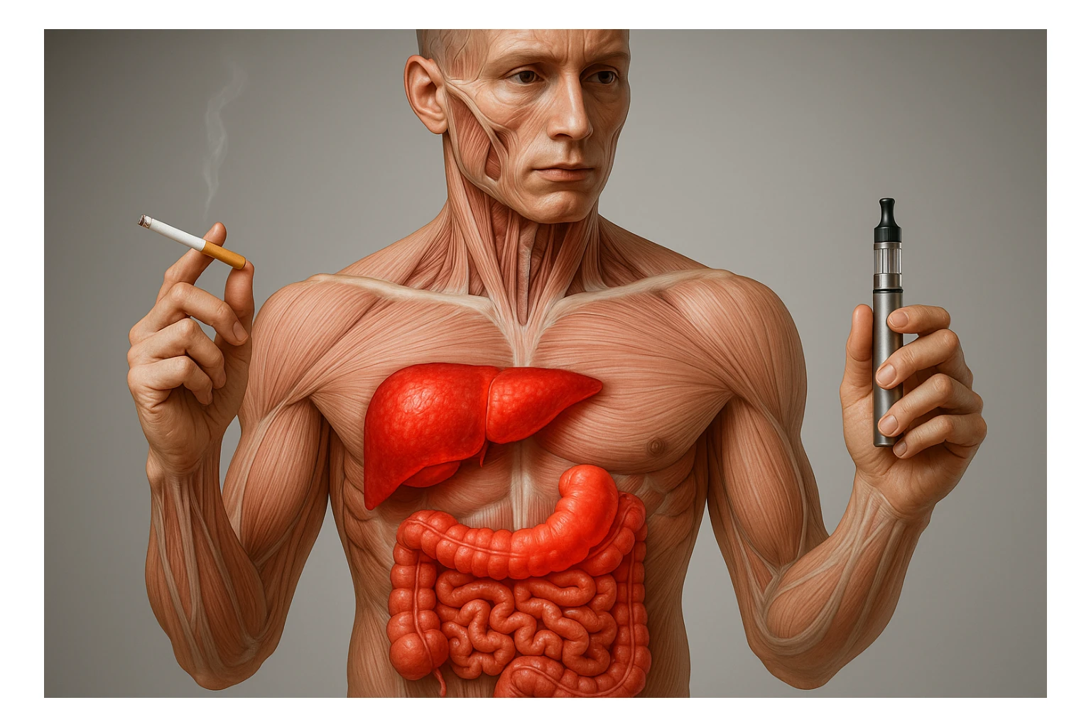 Medical illustration, hyperrealistic 4K, realistic anatomical human body, inflamed liver and intestine highlighted, holding a lit normal cigarette in the right hand and an electronic cigarette in the left hand, clear background, extremely detailed, same lighting and style as the reference image. sticker