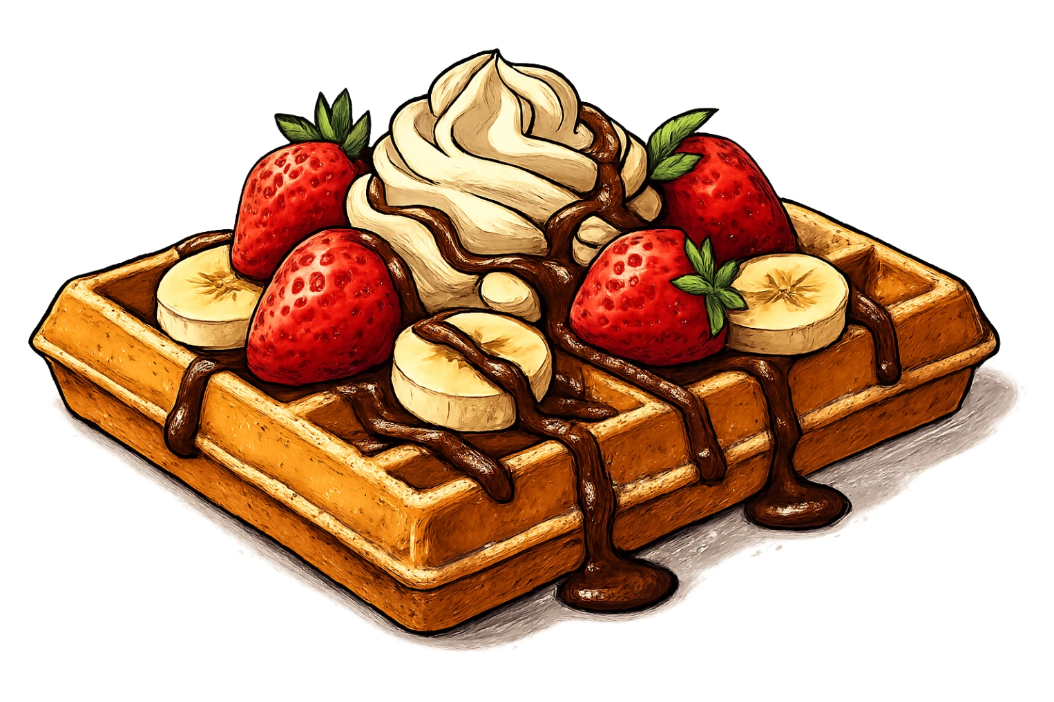 В слегка рисованном, но при этом ярком и объемном стиле с четкими линиями составь фотореалистичную композицию, где горизонтально лежит классическая брюссельская вафля с клубникой и бананом, сливочными кремом, политая шоколадом и посыпанная сахарной пудрой, профессиональный свет, подчеркивающий объем, сделай картинку более широкой, прозрачный фон sticker