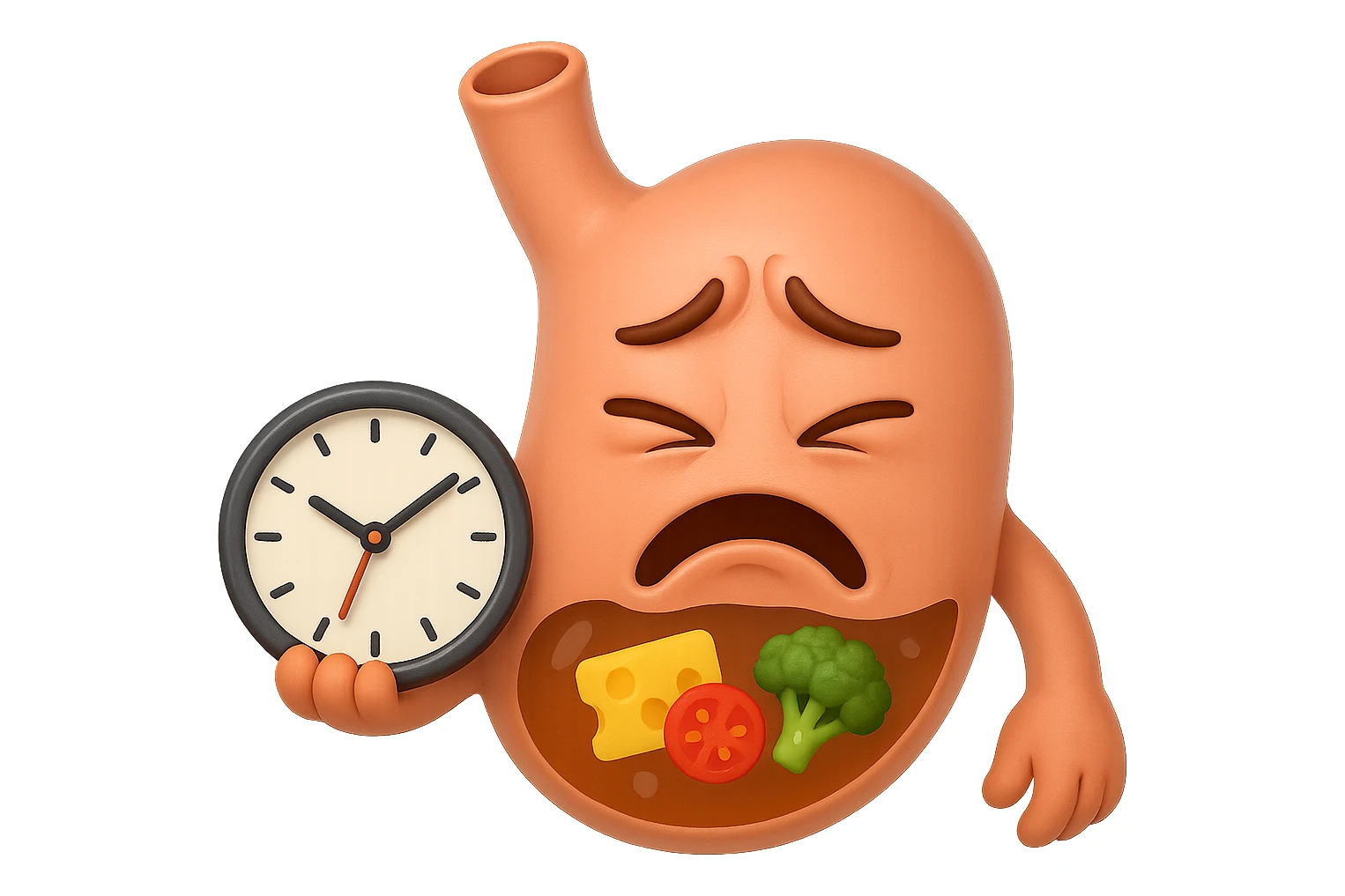 EMOJI STILE IPHONE 3D DI UNo stomaco umano con espressione dolornate, ha del cibo visibile dentro che non sta digerendo. in mano tiene un orologio da muro, iperrealistico 4k sticker