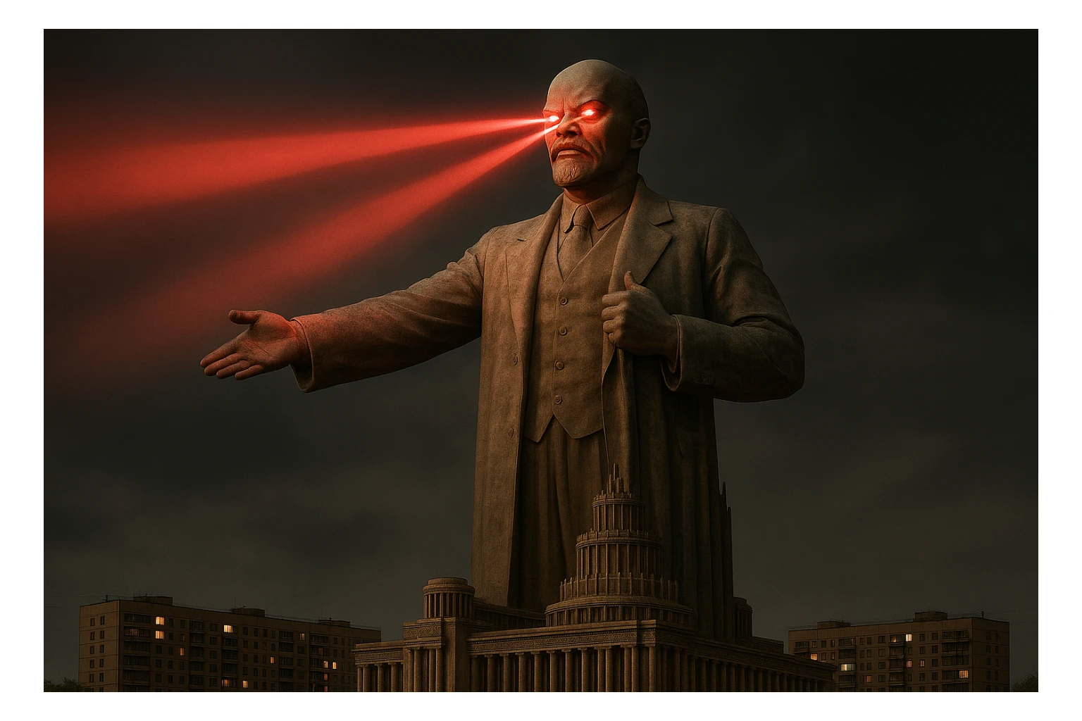 Дворец Советов, основной упор на 100-метровую фигуру Ленина, у которой из глаз вылетают 2 луча прожектора красного цвета.

На фоне можно поставить обычные пятиэтажки-панельки, которые в 20 раз меньше Дворца Советов

Стиль фото реализм sticker