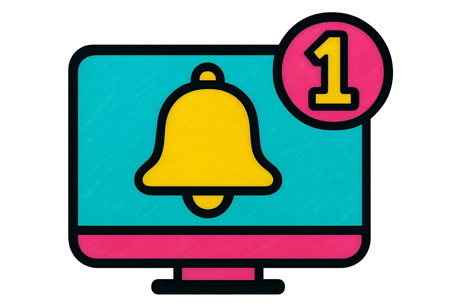 Add a red number badge '1' to the notification pop-up icon, keeping the colorful pop style with transparent background and vibrant colors. sticker