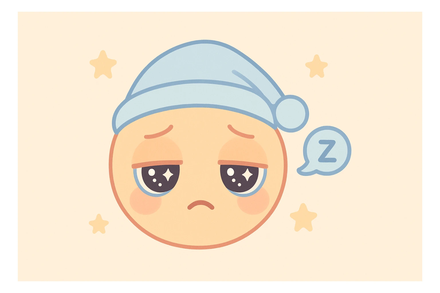 sleepy emoji with droopy eyes, a nightcap, and a snoring bubble, kawaii style sticker