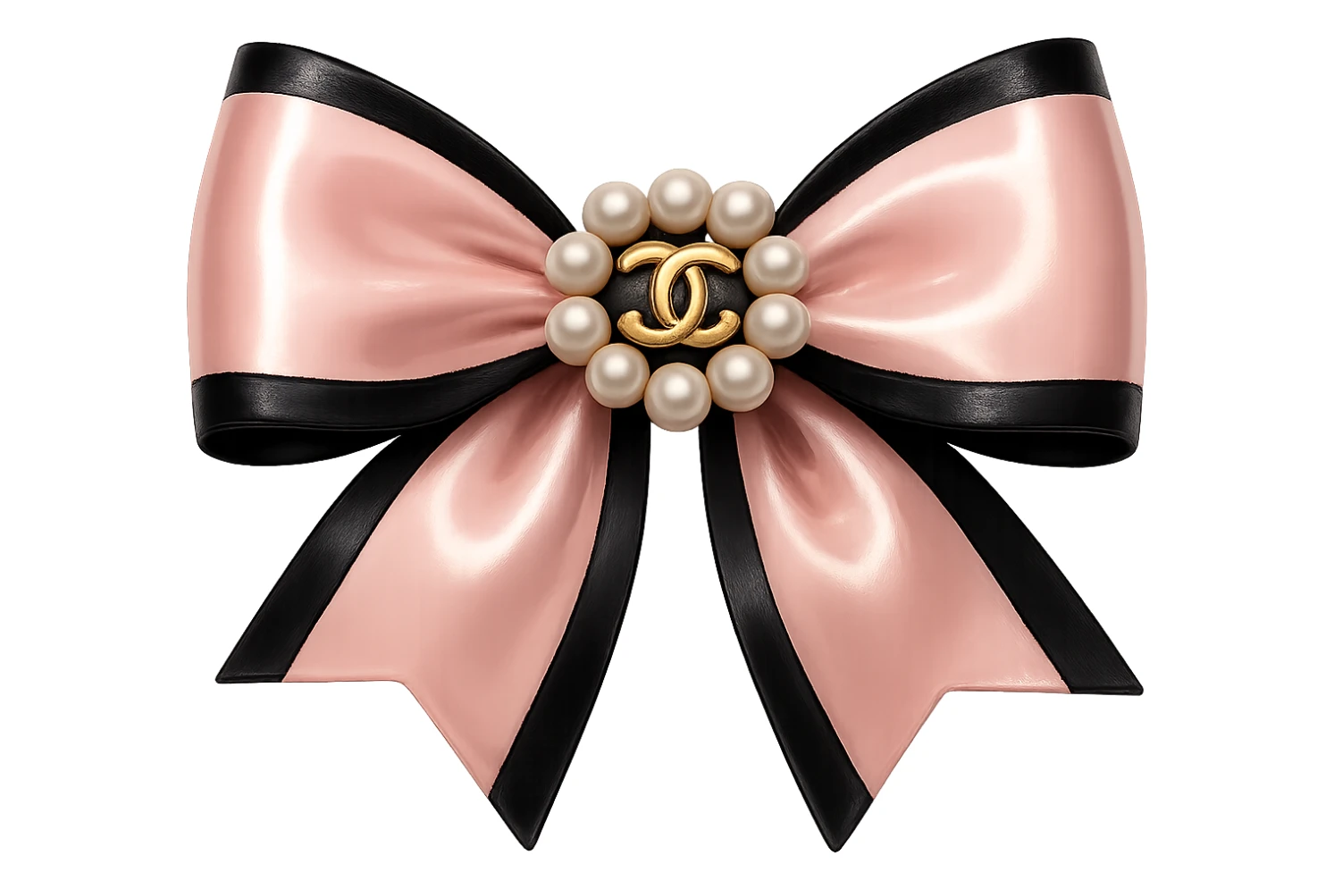 Remove the background, keep only the elegant bow with pearls and gold Chanel logo, glossy, pastel colors, realistic style, with no background. black pink sticker