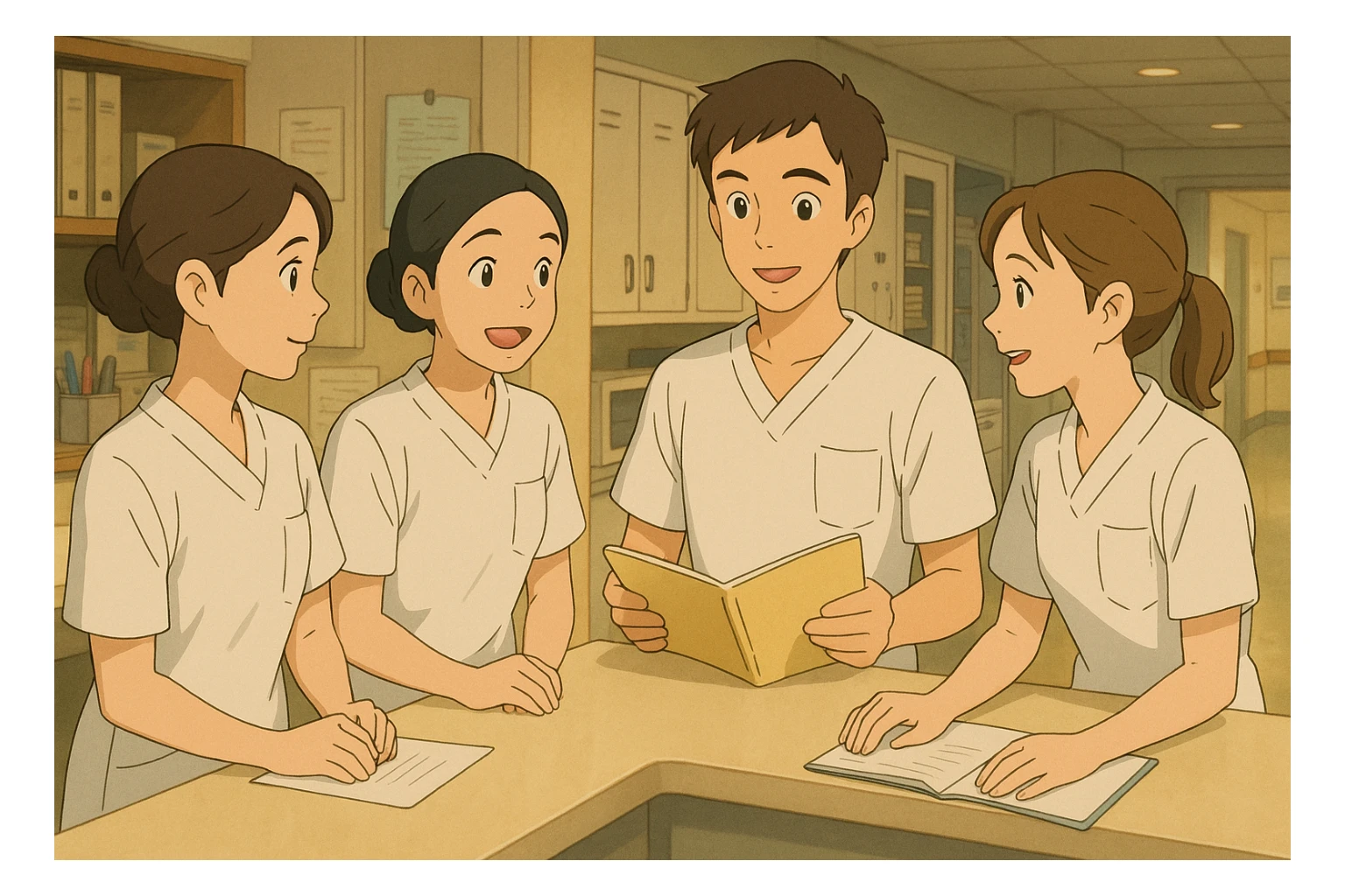 Team scene of four nursing students inspired by photos, interacting in a care station, Ghibli style. White uniforms, medical tunics with V-neck, left chest pocket, short sleeves, no classic collar, no visible accessories. Collaborative and caring atmosphere. sticker