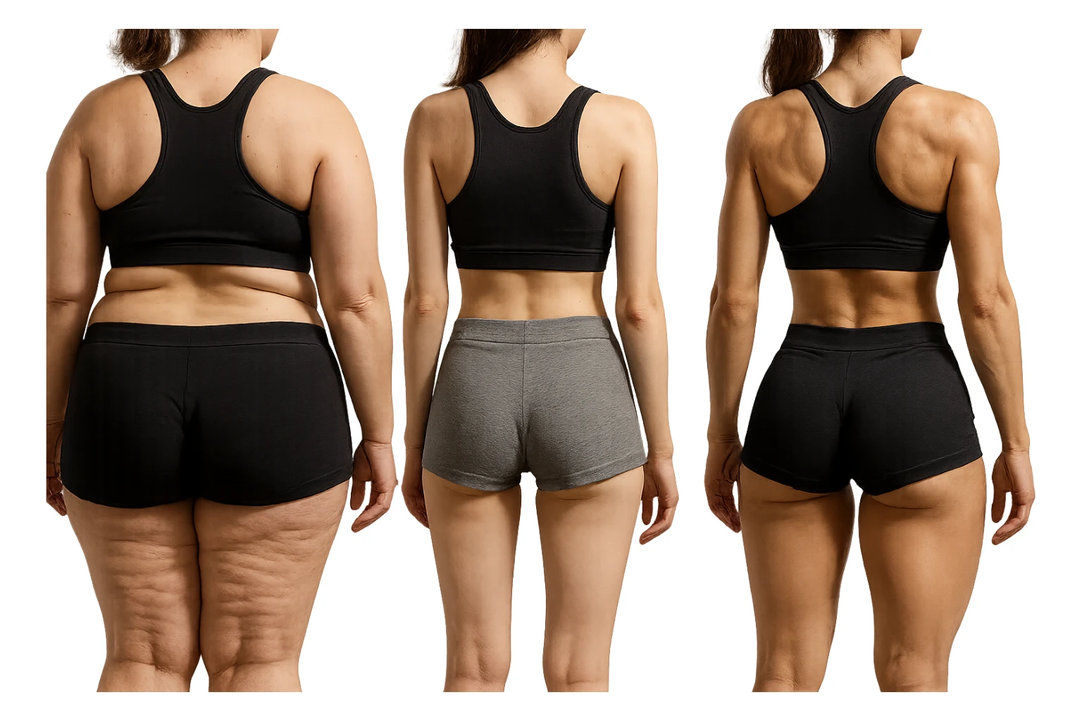 fai una donna di spalle in gym shorts leggermente sovrappeso e con cellulite e accanto una seconda donna di spalle magra (che è dimagrita post dieta) e accanto una terza donna in forma allenata e con le giuste proporzioni, l'immagine deve rappresentare il processo: da donna grassa, a donna piatta e magra, a donna allenata e in forma con i giusti muscoli, iperrealistico 4k sticker