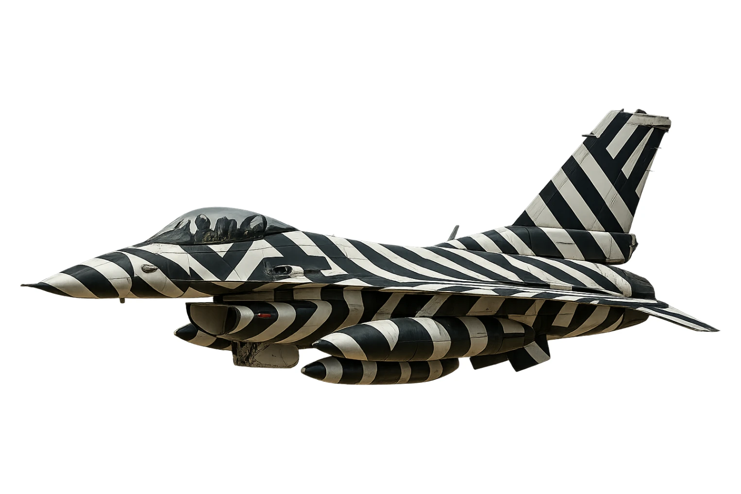 Add a bold, high-contrast razzle dazzle camouflage pattern to the F-16 jet fighter while keeping the realistic style and metallic details. No background, transparent or none. sticker
