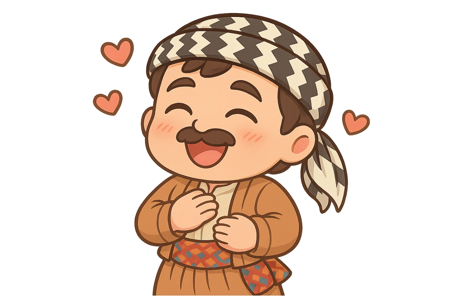 Create a chibi Kurdish cartoon sticker based on the reference image, showing a loving (heart/affection) expression, with a transparent background. sticker