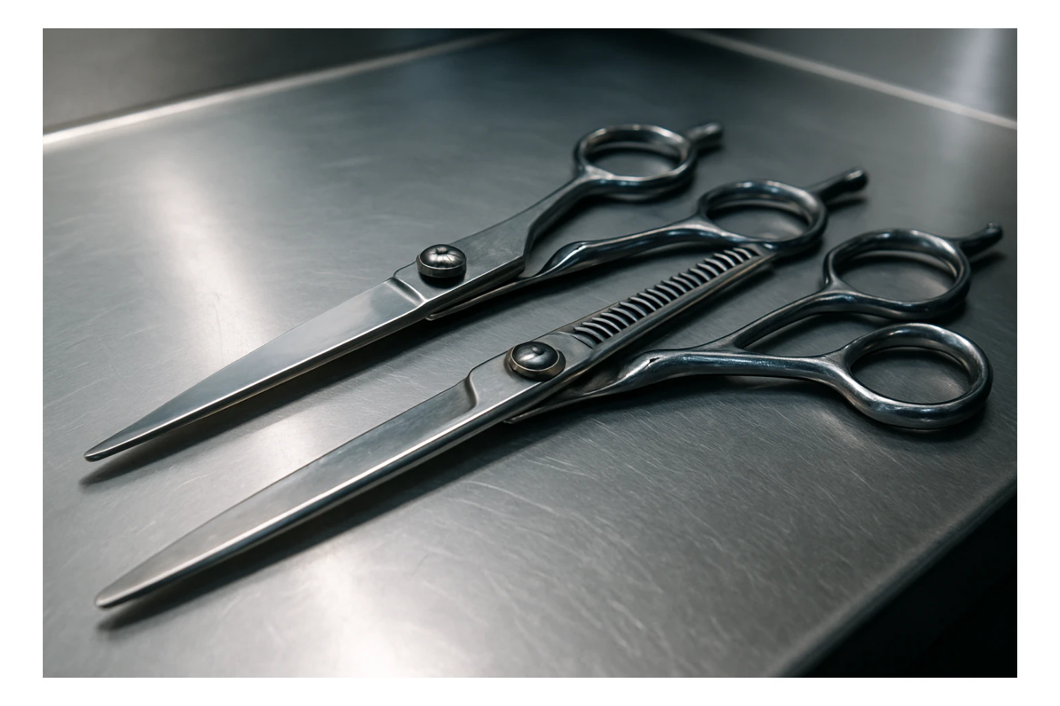 A set of professional barber scissors lies on a stainless steel workbench, gleaming under the bright lights. The blades are sharp and precise, with smooth handles showing signs of frequent use, ready for the next cut sticker