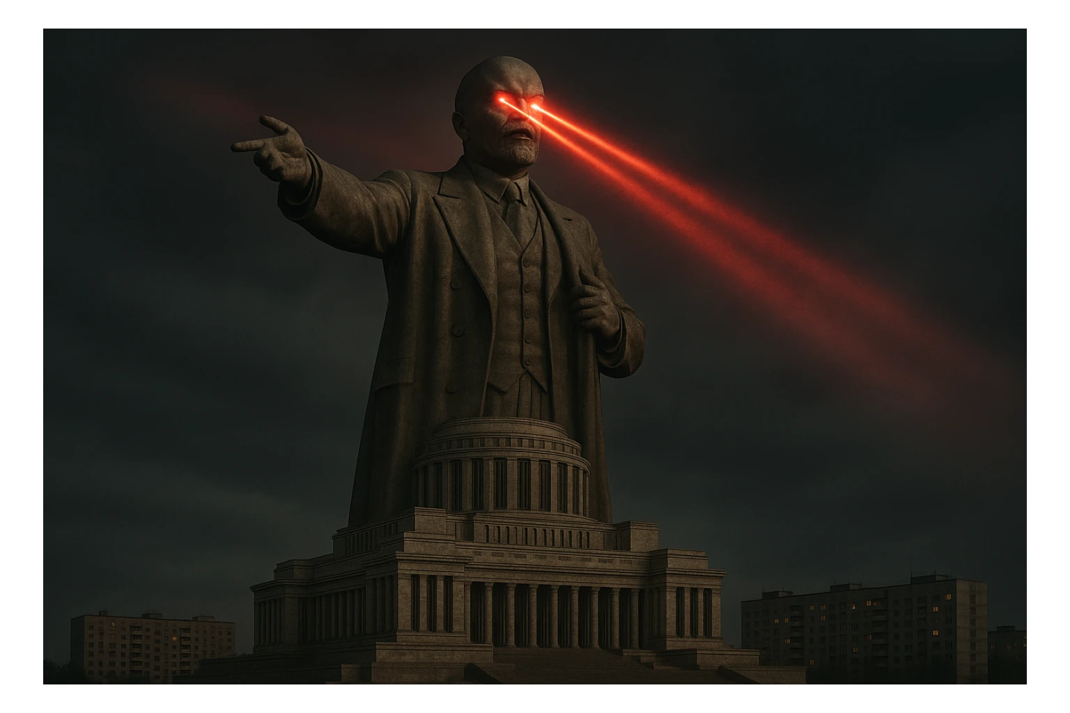 Дворец Советов, основной упор на 100-метровую фигуру Ленина, у которой из глаз вылетают 2 луча прожектора красного цвета.

На фоне можно поставить обычные пятиэтажки-панельки, которые в 20 раз меньше Дворца Советов

Стиль фото реализм sticker