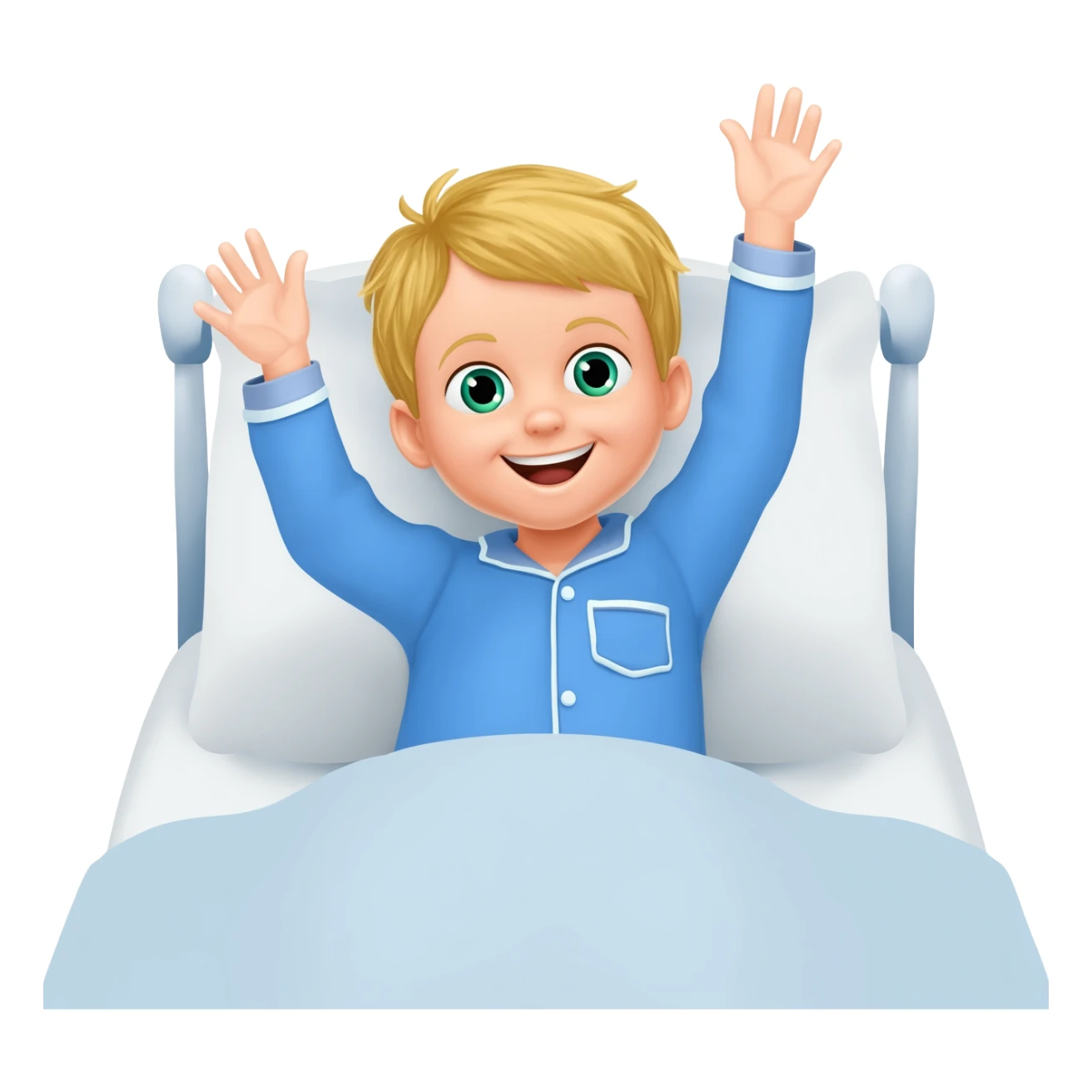 Use the same 3 year old blonde boy with green-blueish eyes, it should be the same boy as before  happy with plain blue pajamas raising both arms up, on the bed sticker