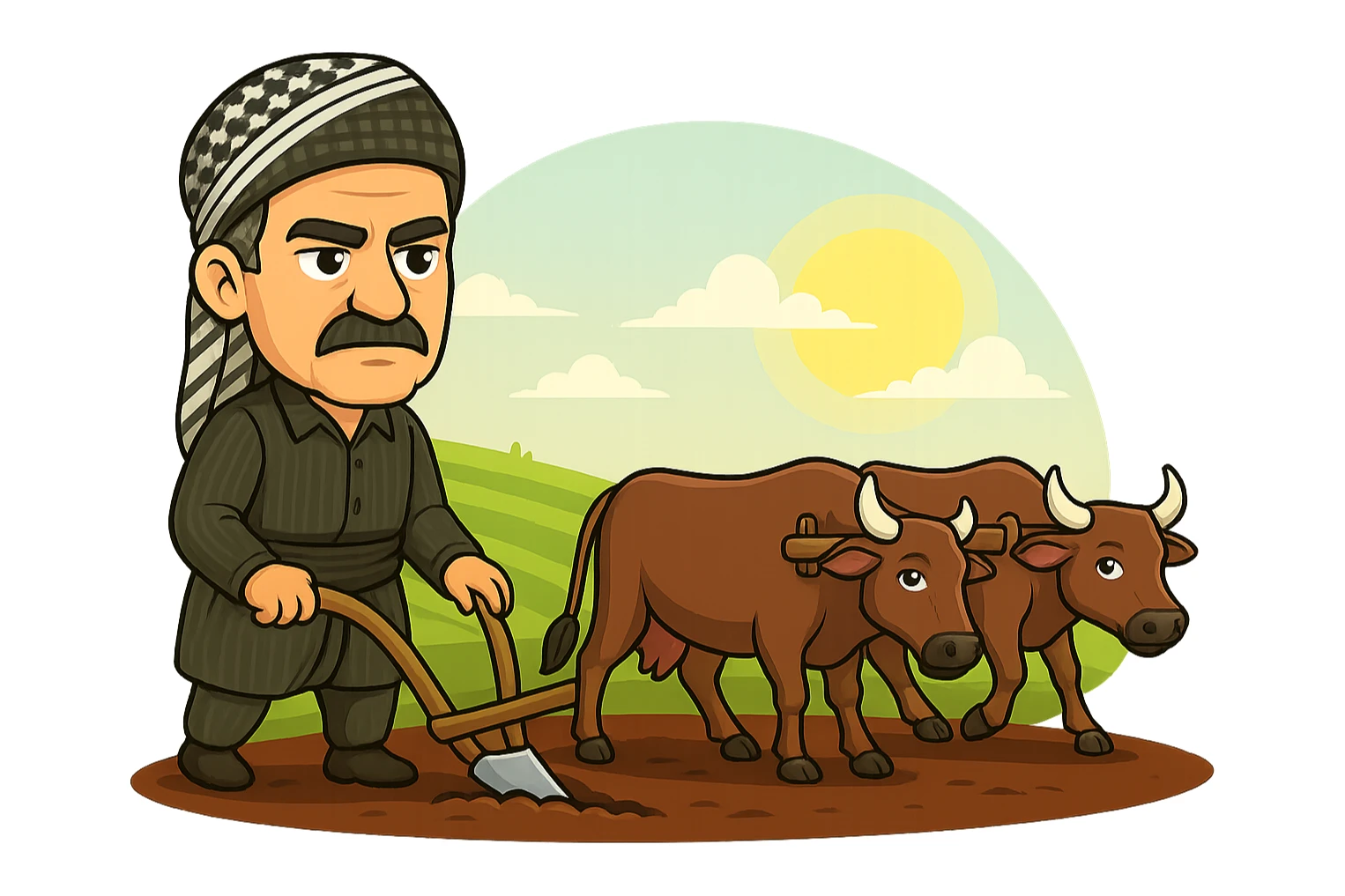 Edit the cartoon sticker so that the man is wearing the same traditional Kurdish clothing as shown in the right-side character: dark striped jacket, shirt, sash, and patterned headscarf. Keep the rest of the sticker exactly the same with the same pose, cows, plow, and background. Maintain the vibrant and cheerful style with a transparent background. sticker