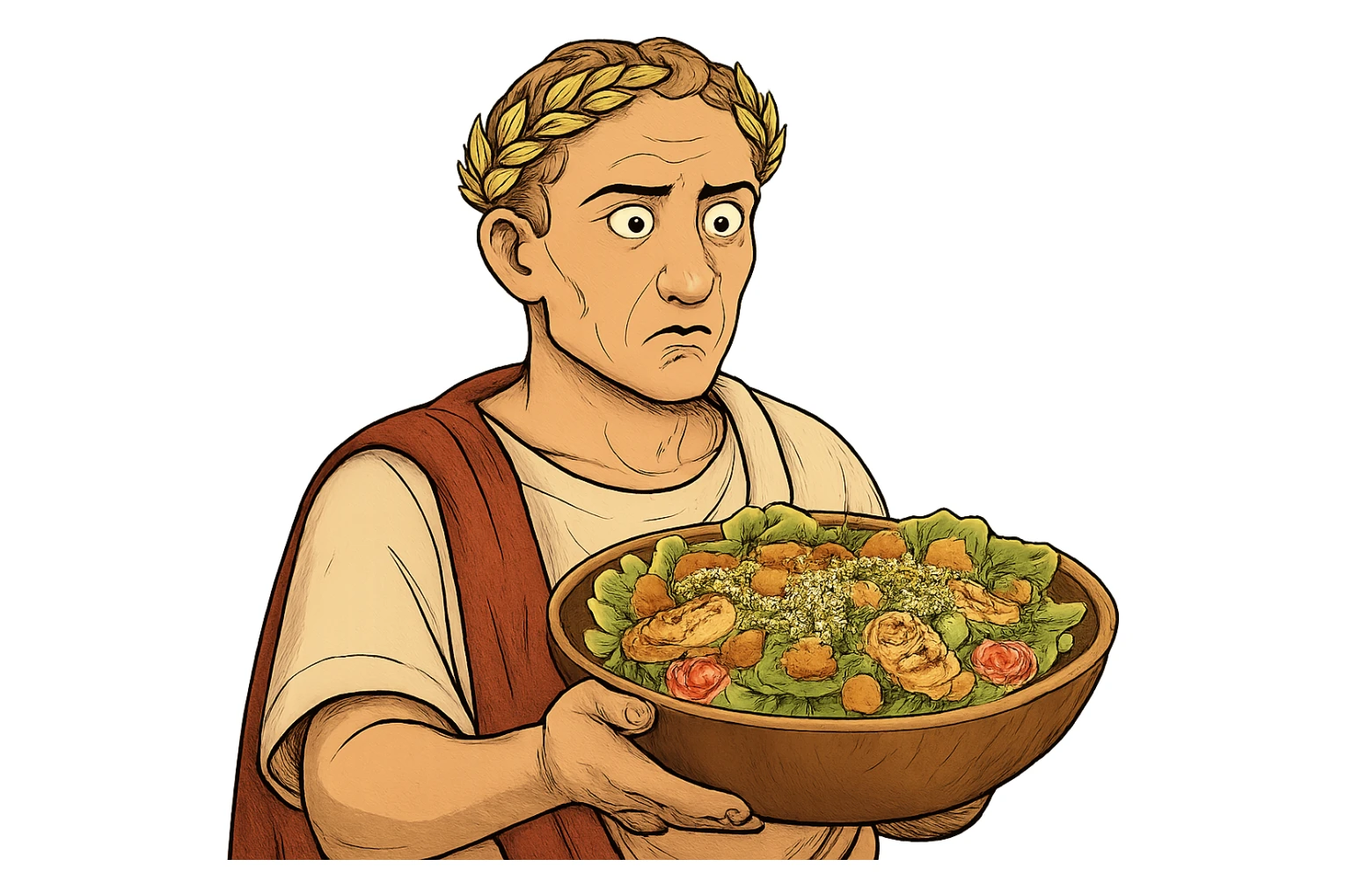 Используя такую стилистику сгенерируй Императора Цезаря, который задумчиво и удивленно держит в руках тарелку с салатом Цезарь, прозрачный фон sticker