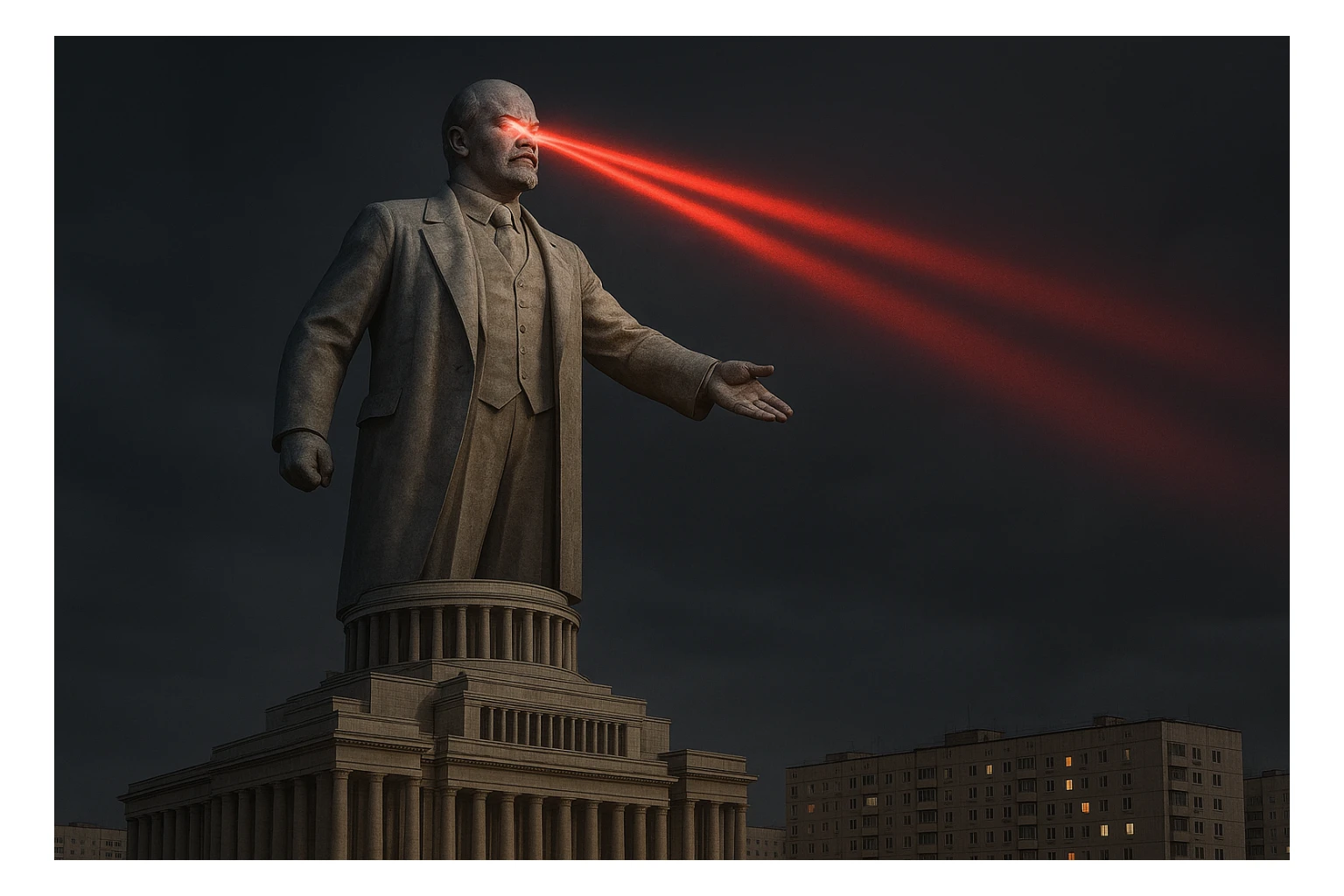 Дворец Советов, основной упор на 100-метровую фигуру Ленина, у которой из глаз вылетают 2 луча прожектора красного цвета.

На фоне можно поставить обычные пятиэтажки-панельки, которые в 20 раз меньше Дворца Советов

Стиль фото реализм sticker