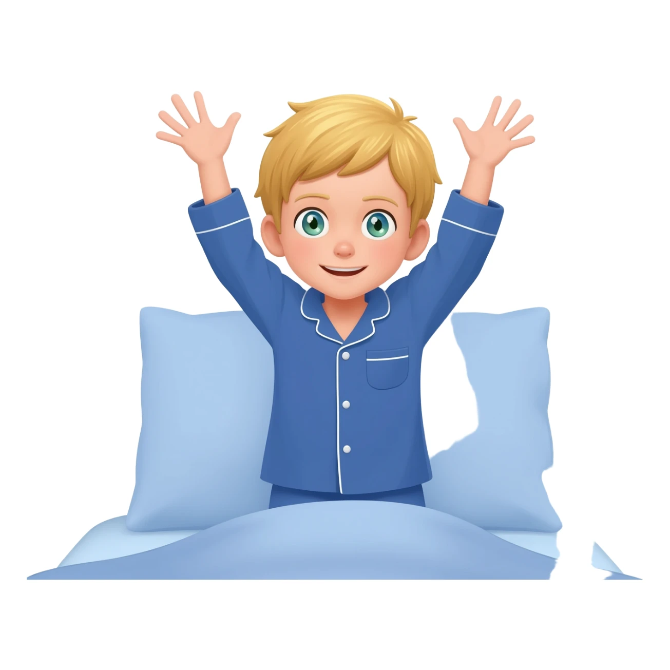 Use the same 3 year old blonde boy with green-blueish eyes, it should be the same boy as before  happy with plain blue pajamas raising both arms up, on the bed sticker