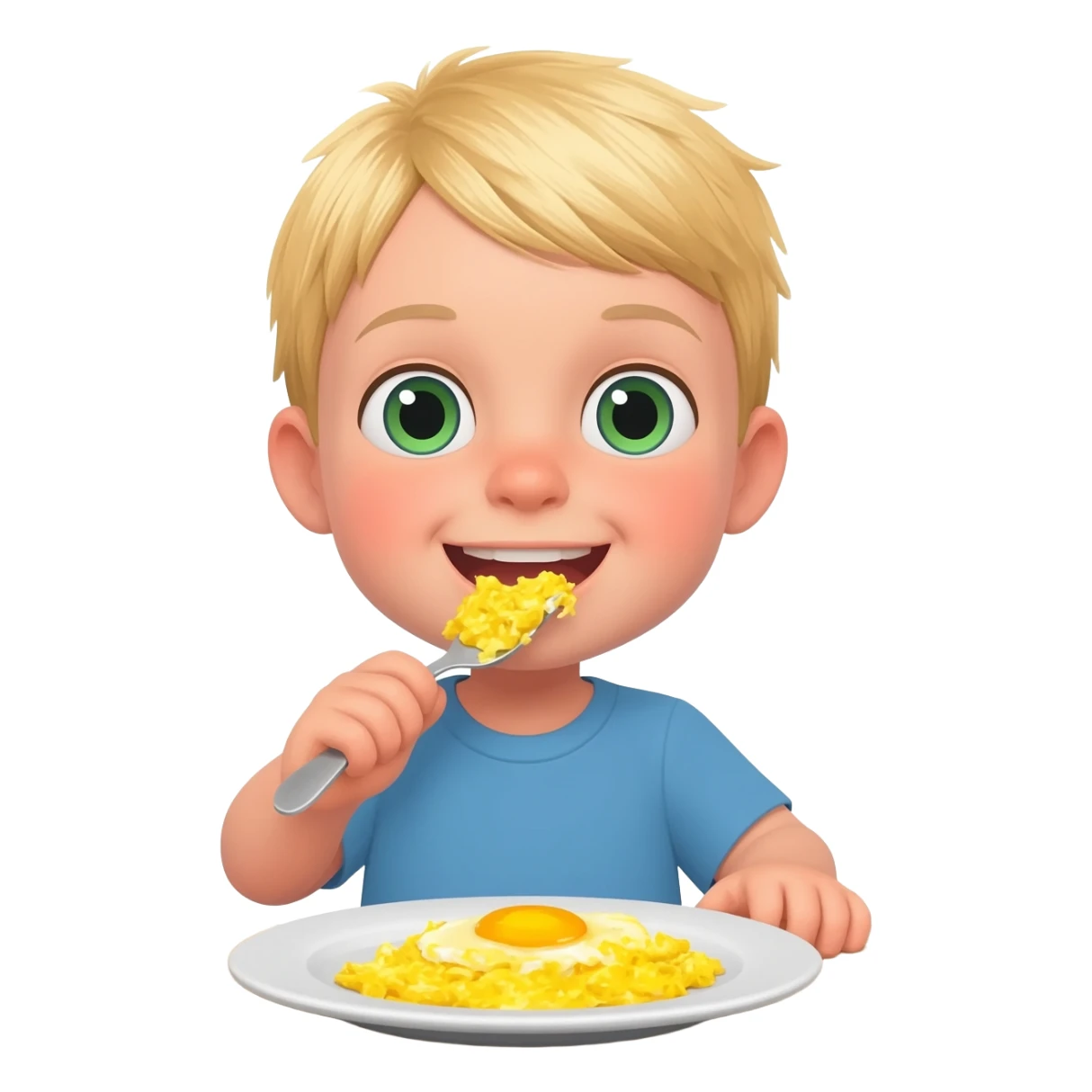 Use the same 3 year old blonde boy with green-blueish as before eyes happy eating scrambled eggs on a plate for breakfast sticker