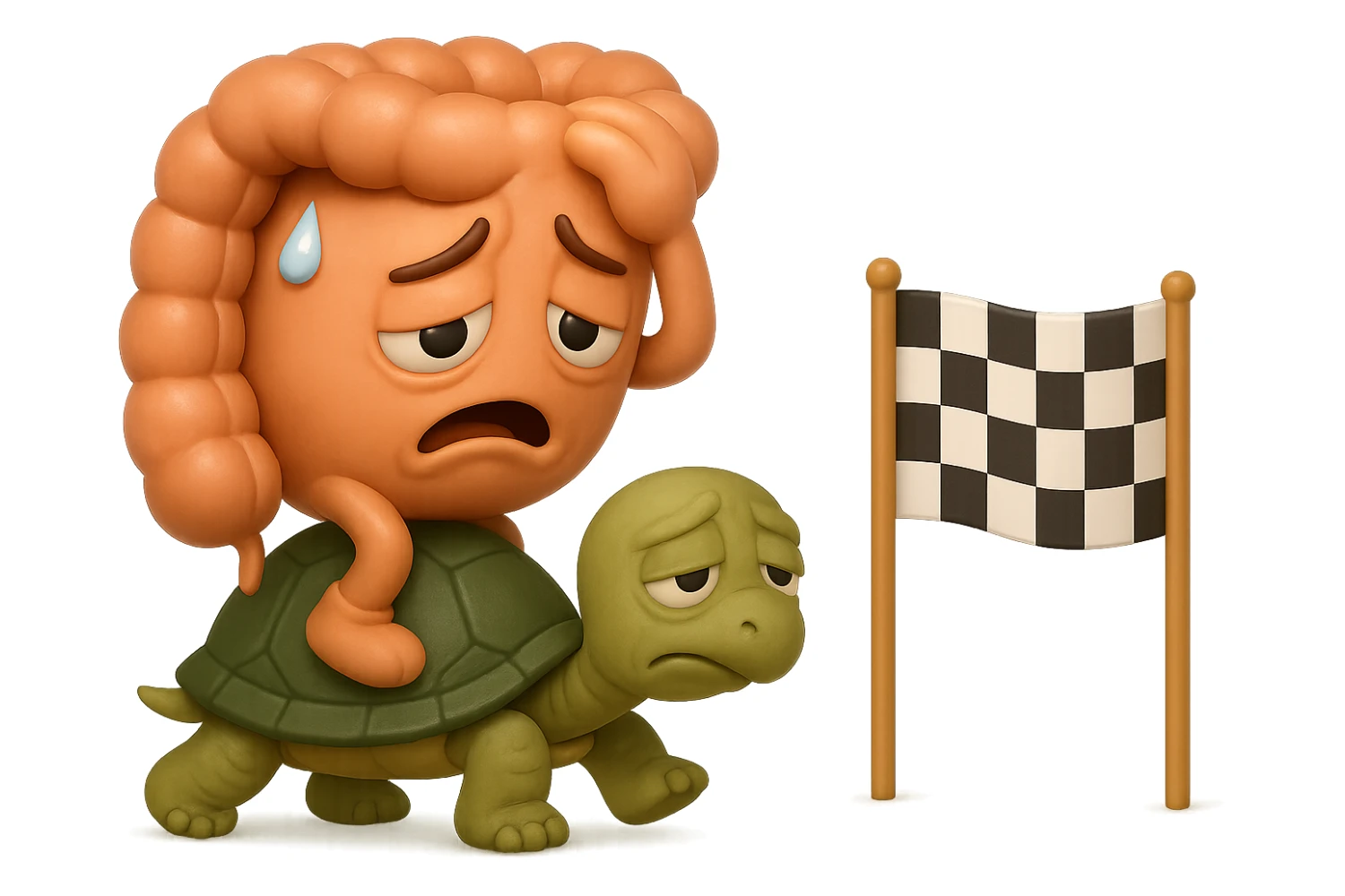  EMOJI STILE IPHONE 3D DI UN INTESTINO CON ESPRESSIONE ANGOSCIATA CHE CAMMINA SUL GUSCIO DI UNA TARTARUGA IN ATTESA ESTENUANTE DI RAGGIUNGERE UN TRAGUARDO POCO PIù AVANTI, SULLA LORO DESTRA. IL TRAGUARDO è UNA BANDIERA A DUE PIEDI CON FASCIA A SCACCHI BIANCHI E NERI. iperrealistico 4k sticker