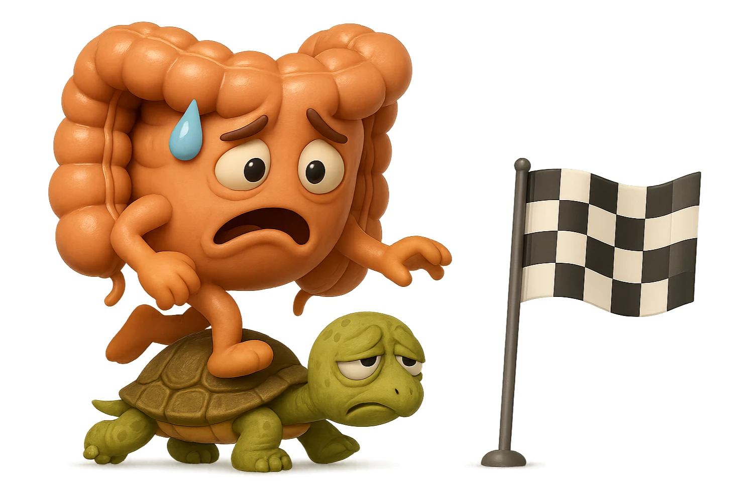  EMOJI STILE IPHONE 3D DI UN INTESTINO CON ESPRESSIONE ANGOSCIATA CHE CAMMINA SUL GUSCIO DI UNA TARTARUGA IN ATTESA ESTENUANTE DI RAGGIUNGERE UN TRAGUARDO POCO PIù AVANTI, SULLA LORO DESTRA. IL TRAGUARDO è UNA BANDIERA A DUE PIEDI CON FASCIA A SCACCHI BIANCHI E NERI. iperrealistico 4k sticker