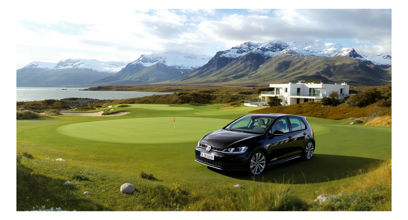 black Golf 4 with, in background is modern huge two flors white villa, in distance are iceland mountains, rule of thirds, shot on gopro hero, noise camera sticker