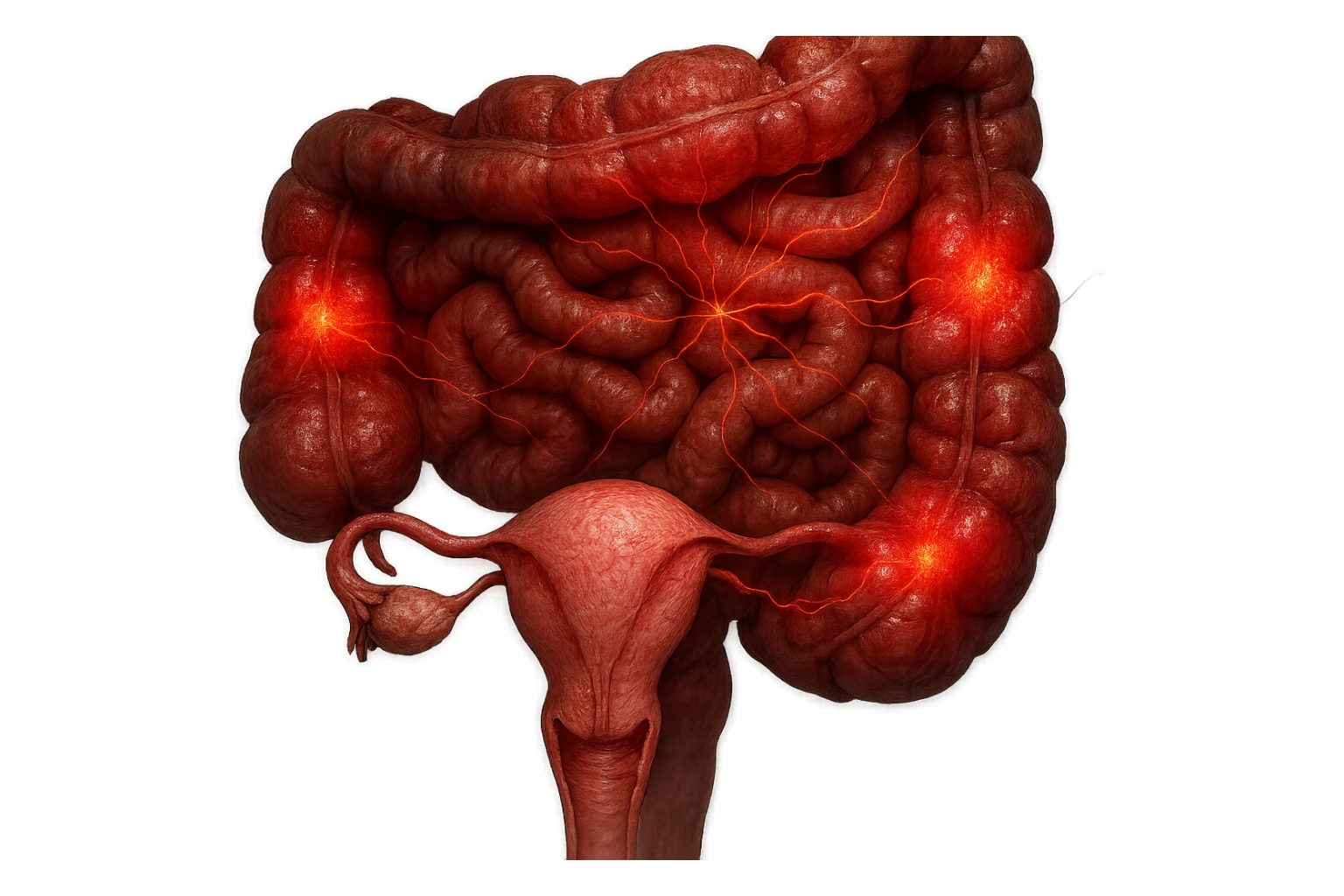 utero umano anatomico iperrealistico e intestino umano anatomico iperrealistico hanno in comune il dolore e l'infiammazione, rendi bene il collegamento tra i due organi doloranti, falla iperrealistica, non disegnata sticker