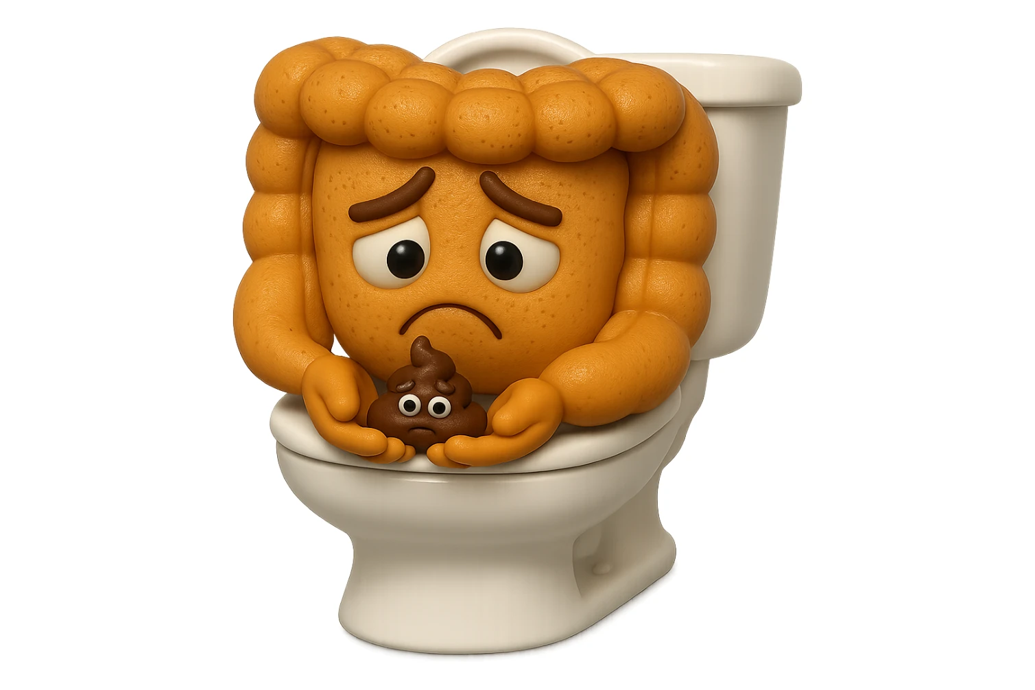 emoji stile iphone di un intestino realistico 3d che esce dal wc con in mano una montagnetta di feci con espressione triste a palline, iperrealistico 4k sticker