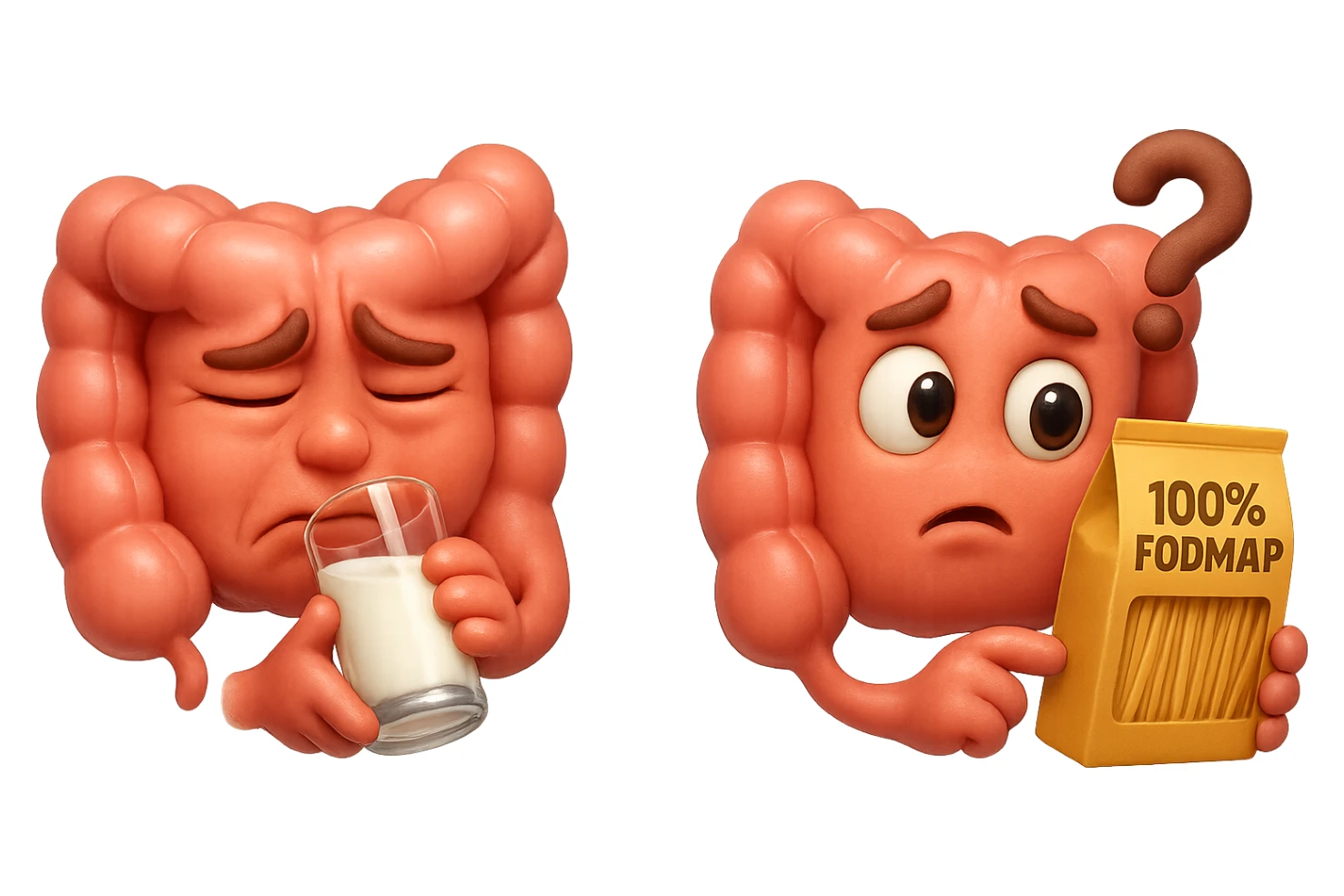 emoji stile iphone di un intestino che beve latte e ha un espressione di dolore e un intestino che guarda un pacco di pasta con la scritta "100% FODMAP" SULL'ETICHETTA CON ESPRESSIONE CONFUSA, iperrealistico 4k, isolato su sfondo bianco sticker