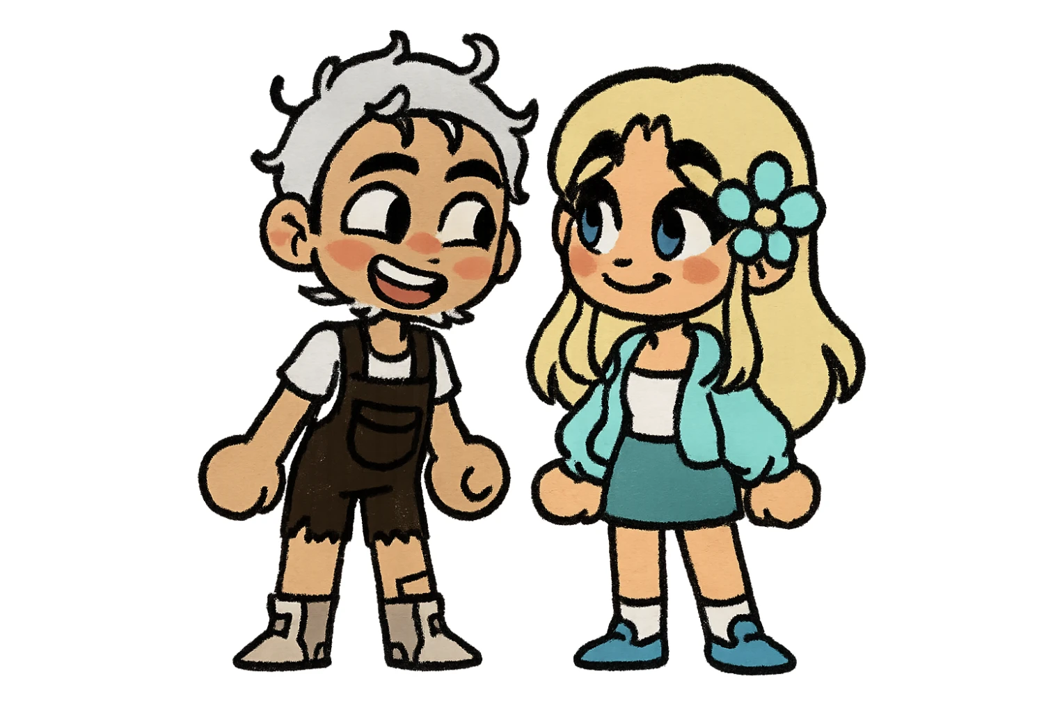 Create a couple image of these two cartoon characters standing side by side, both with flirty expressions, matching their style, transparent background. sticker