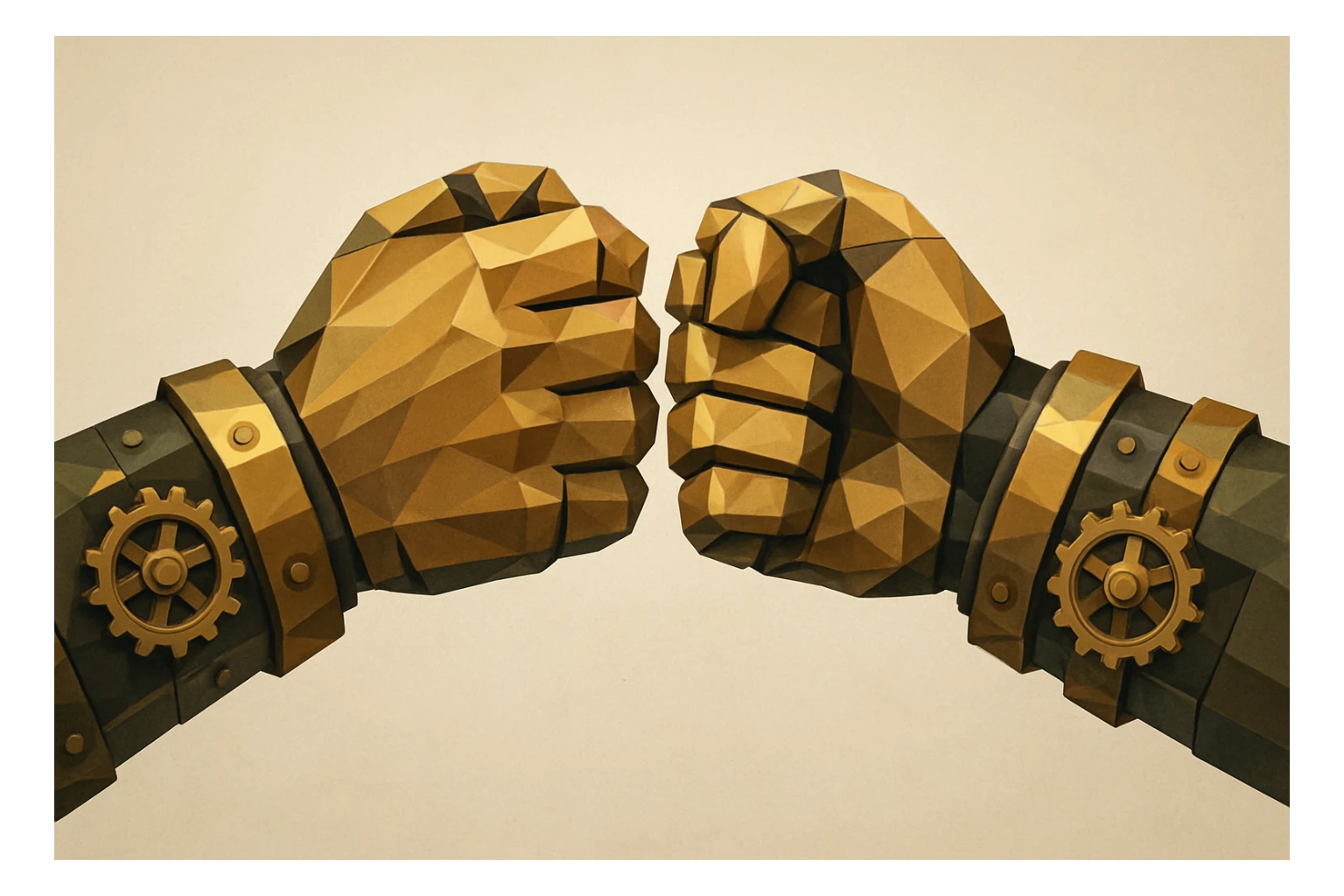 two mechanical hands in a steampunk style giving a fist bump, gears and brass details, vintage industrial look sticker