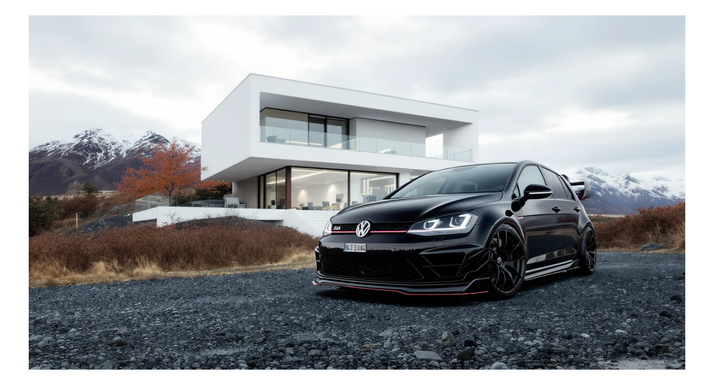 black Golf 4 with bodykit, in background is modern huge two flors white villa, in distance are iceland mountains, rule of thirds, shot on gopro hero, noise camera sticker
