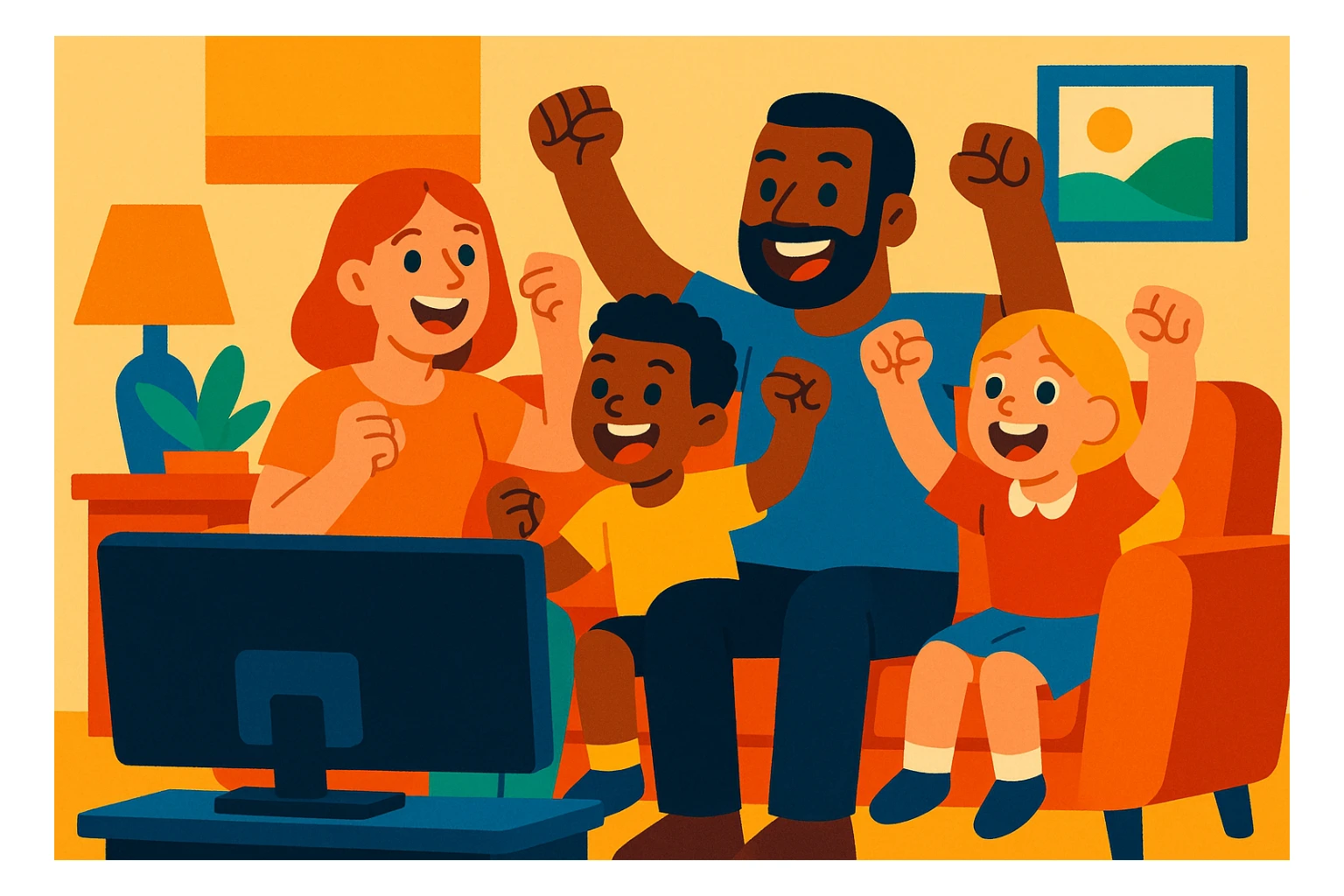 family cheering while watching a sports game on television in a cozy setting sticker