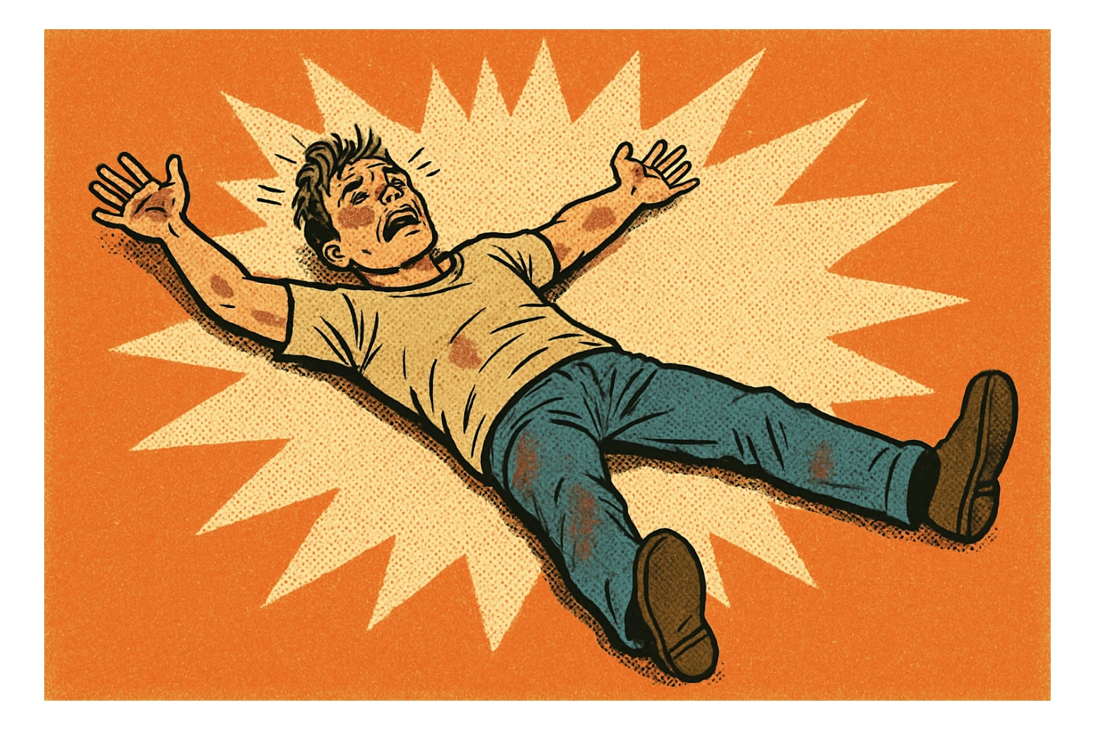 person lying face up, arms and legs spread, looking exhausted and hurt, comic style sticker