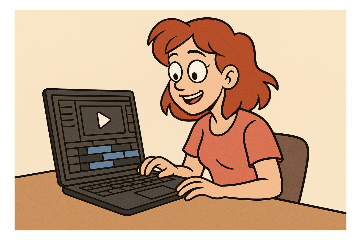 a woman editing a video on a laptop, flat cartoon style sticker