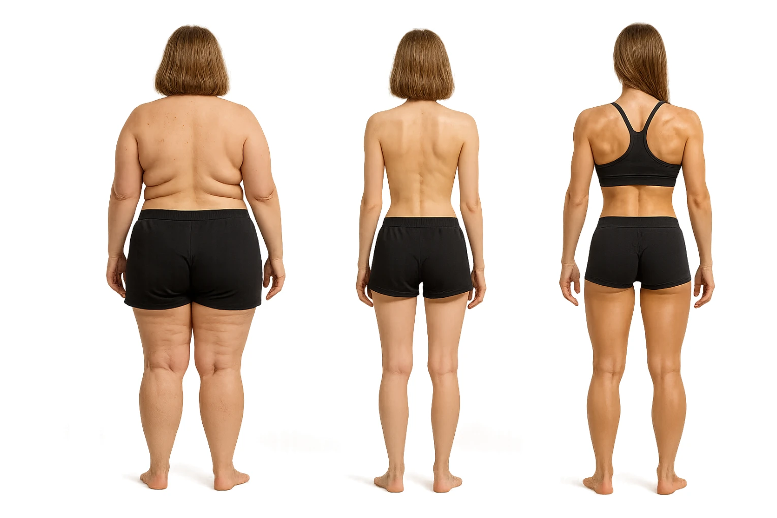 fai una donna di spalle in gym shorts leggermente sovrappeso e con cellulite e accanto una seconda donna di spalle magra (che è dimagrita post dieta) e accanto una terza donna in forma allenata e con le giuste proporzioni, l'immagine deve rappresentare il processo: da donna grassa, a donna piatta e magra, a donna allenata e in forma con i giusti muscoli, iperrealistico 4k sticker